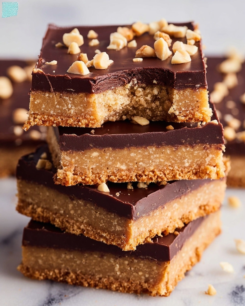 The image shows a close-up of a stack of four dessert bars on a white marbled surface. Each bar has two visible layers: a bottom sandy brown crumbly base and a thick, smooth dark chocolate layer on top. The chocolate layer is slightly glossy and decorated with small chopped light tan nuts that add texture and color contrast. The top bar has a bite taken from its corner, revealing the thickness of both layers and the crumbly texture of the base. The stack is neatly aligned, and the lighting highlights the rich chocolate and crunchy nut details. Photo taken with an iphone --ar 4:5 --v 7
