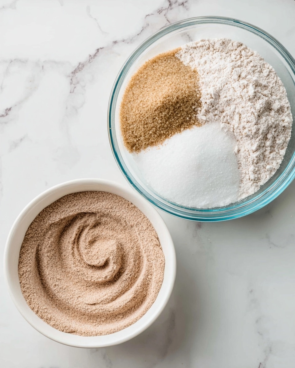 The image shows two close-up scenes on a white marbled surface. On the left, there is a white bowl filled with a light brown, fine powder that has a smooth, swirled pattern on top. On the right, a clear glass bowl contains four different ingredients that are not yet mixed: a large section of light brown sugar, a mound of white powdered sugar, a smaller pile of light beige flour, and a small amount of white baking powder or soda arranged in the center. No utensils or hands are visible. Photo taken with an iphone --ar 4:5 --v 7