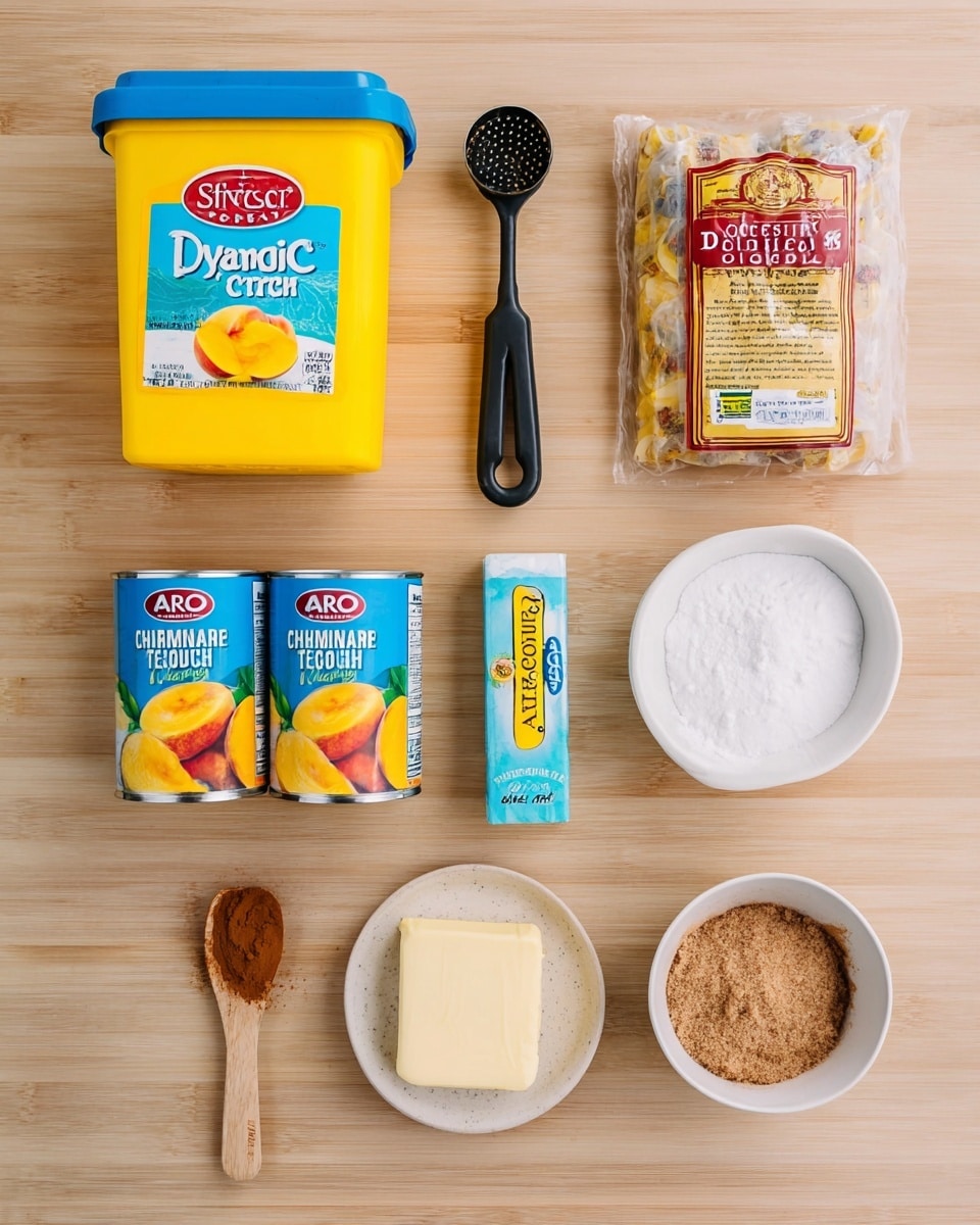 The image shows ingredients neatly arranged on a light wooden table with a white marbled texture. At the top left is a bright yellow container of Argo corn starch with a blue lid and colorful label. Next to it on the right is a clear plastic pack of Dynasty egg roll/spring roll wrappers with a red and gold label. Below them in the center are two cans of Simple Truth Organic yellow cling sliced peaches, both with blue tops and bright peach-colored labels showing fruit images. To the far right is a pale blue and cream stick of Tillamook extra creamy butter. Below the peach cans on the left is a small wooden spoon filled with cinnamon powder. Next to the spoon, slightly to the right, is a white bowl filled with packed brown sugar. To the right of the sugar bowl is another white bowl filled with granulated white sugar. Above the sugar bowls, on the far left side, is a black double-sided measuring spoon. The setting is clean and organized with bright, clear lighting. photo taken with an iphone --ar 4:5 --v 7