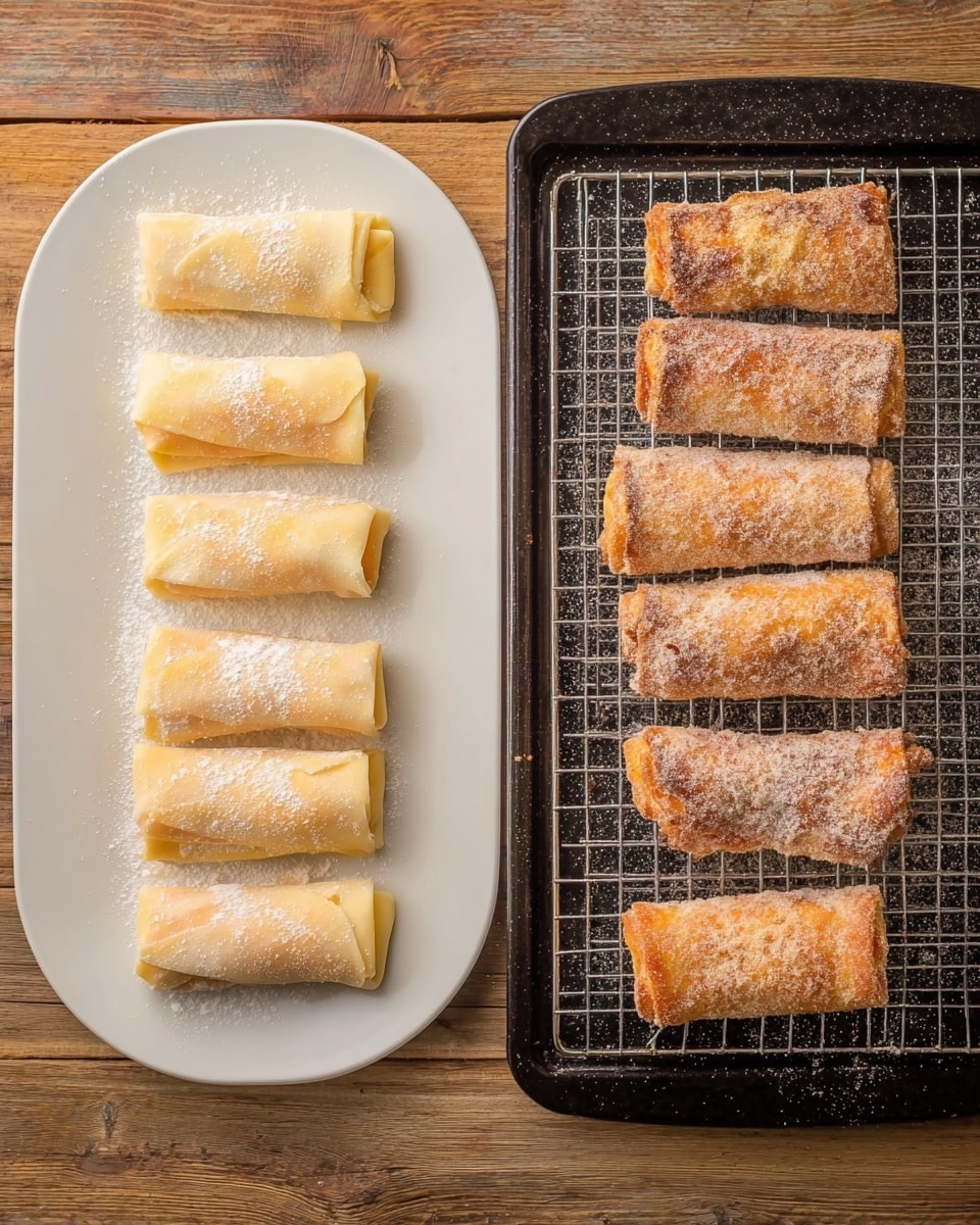 The image shows two sets of rolled pastries. On the left, there are nine pale yellow rolled pastries placed neatly on a white plate, arranged in three rows with some slightly dusted with flour, on a wooden surface. On the right, nine golden-brown rolled pastries with a coating of sugar or cinnamon are laid out on a black wire rack inside a baking tray, showing a crisp and textured look. Photo taken with an iphone --ar 4:5 --v 7
