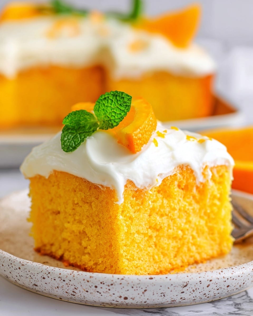 A square slice of bright orange cake with a soft and moist texture sits on a white speckled plate. The cake has one thick white creamy layer on top, which looks smooth and slightly swirled. On top of this creamy layer, there is a small orange wedge and a fresh green mint leaf for decoration. A second slice of the same cake is blurred in the background, and the surface underneath has a white marbled texture. Photo taken with an iphone --ar 4:5 --v 7