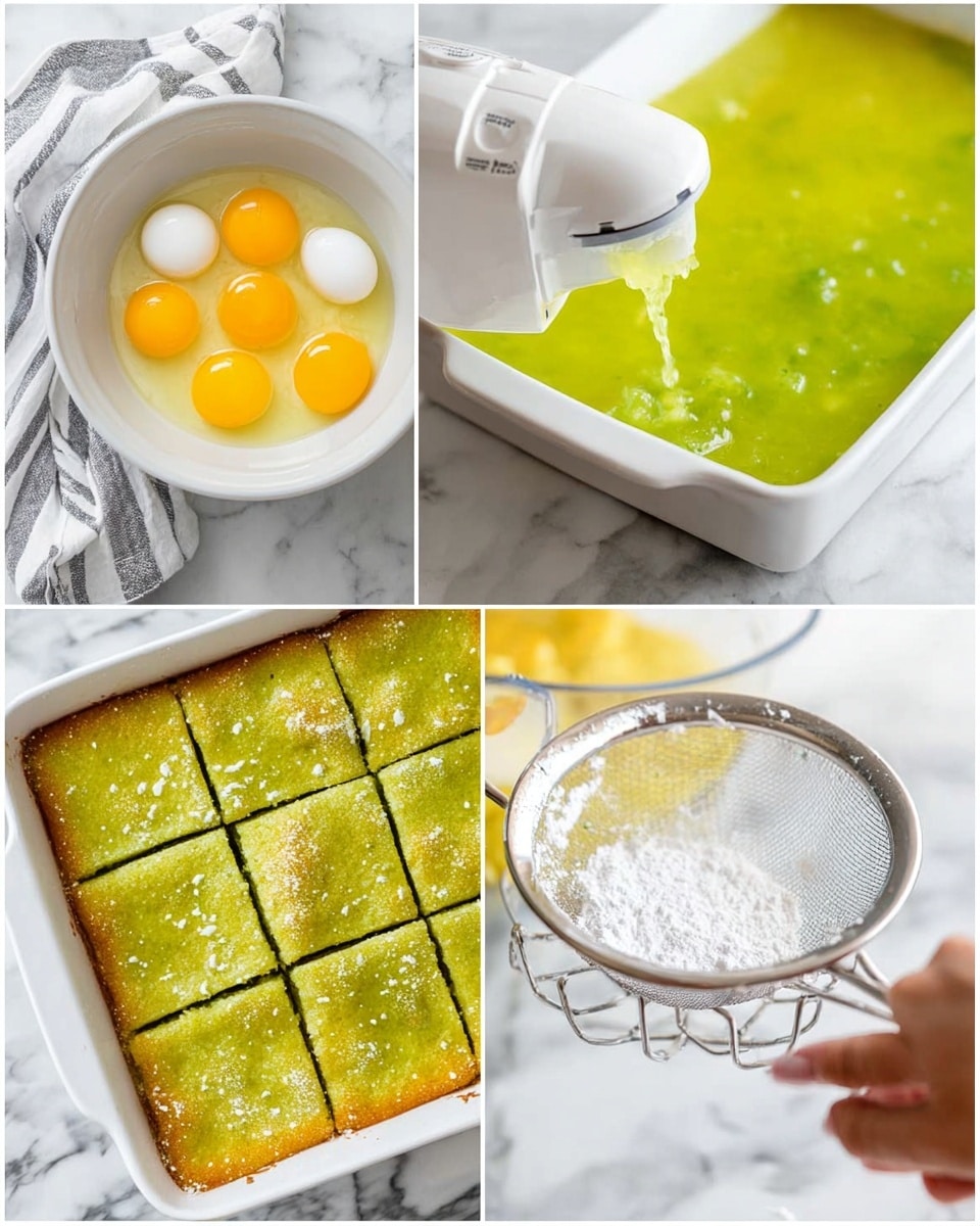The image is divided into three parts showing a cooking process on a white marbled surface. The first part shows a white bowl with several whole raw eggs with bright yellow yolks surrounded by clear whites, and a white mixer attachment placed inside. The second part shows a white baking dish with a light golden brown crust layer at the edges, filled with a bright green, slightly chunky mixture being poured from a white bowl. The third part shows multiple square pieces of a light green baked dish with a slightly browned crust on the bottom and edges, being dusted with powdered sugar through a metal sieve held by a woman's hand. In the background, a white and gray striped cloth is visible. Photo taken with an iphone --ar 4:5 --v 7