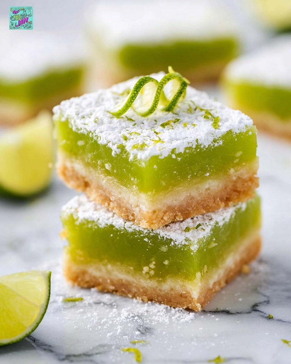 The image shows two stacked lime bars with three main layers. The bottom layer is a light tan, crumbly crust that looks firm and slightly grainy. The middle layer is a bright green, glossy lime filling with a smooth texture and some lime zest inside. The top layer is a thick dusting of white powdered sugar, covering the whole top surface. On the very top, there is a thin, curled slice of lime with some zest sprinkled around it. The bars are placed on a surface with a white marbled texture. In the background, blurred slices of fresh lime add more green color to the scene. photo taken with an iphone --ar 4:5 --v 7