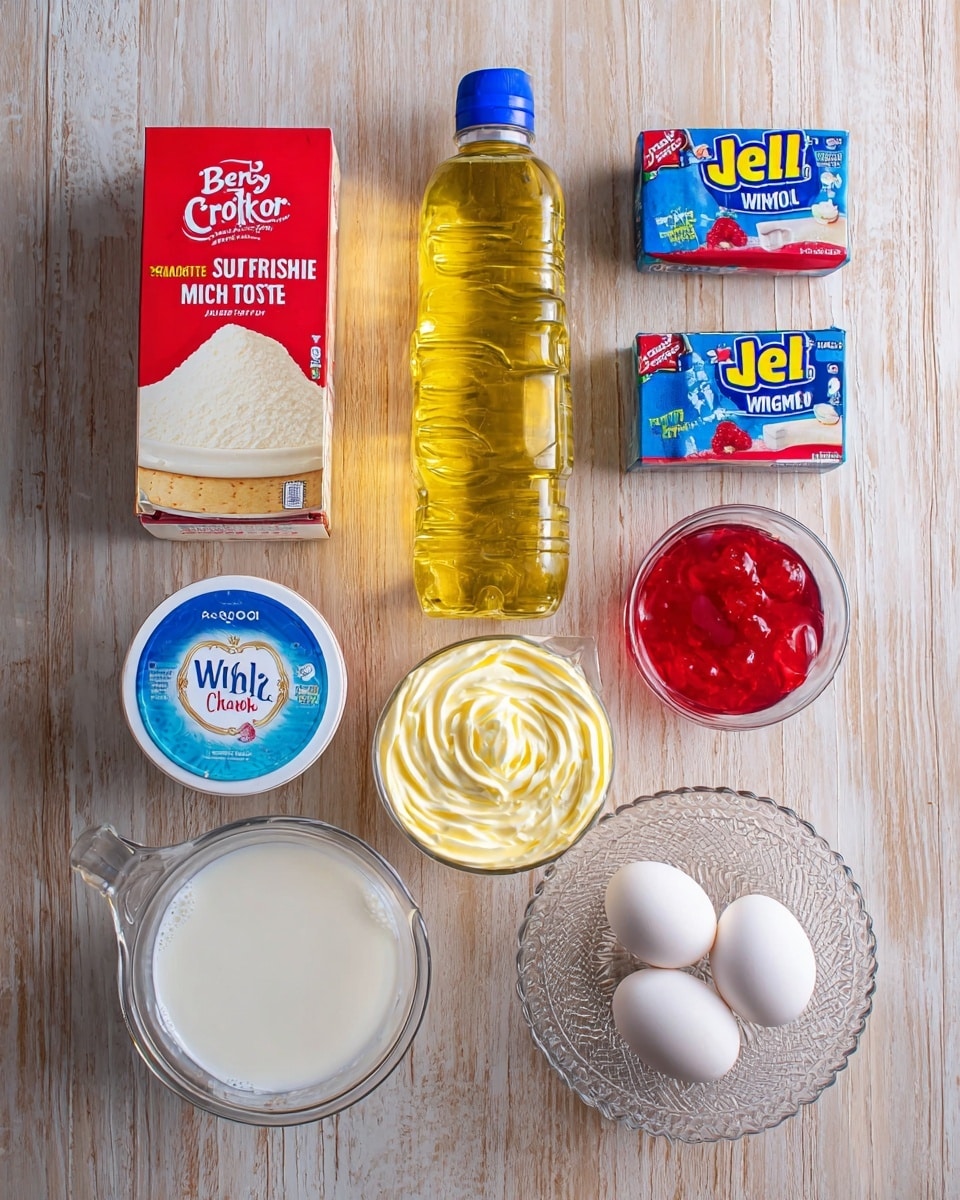 The image shows a flat lay of baking ingredients on a light brown wooden surface, now described as white marbled texture. There is a red and beige box of Betty Crocker Super Moist white cake mix on the top left, next to a tall clear plastic bottle of vegetable oil with a blue label and cap. On the top right, there are two small boxes of JELL-O, one raspberry with bright red jelly shown and one vanilla with a yellow pudding swirl. Below the cake mix box is a round white tub of Cool Whip original with a blue lid. Below the oil bottle is a clear glass measuring cup filled with milk, and next to it on the right is a decorative clear dish holding three white eggs. On the bottom left is a clear glass measuring cup with a handle, empty. All items are neatly spaced with clear visibility and even lighting. Photo taken with an iphone --ar 4:5 --v 7