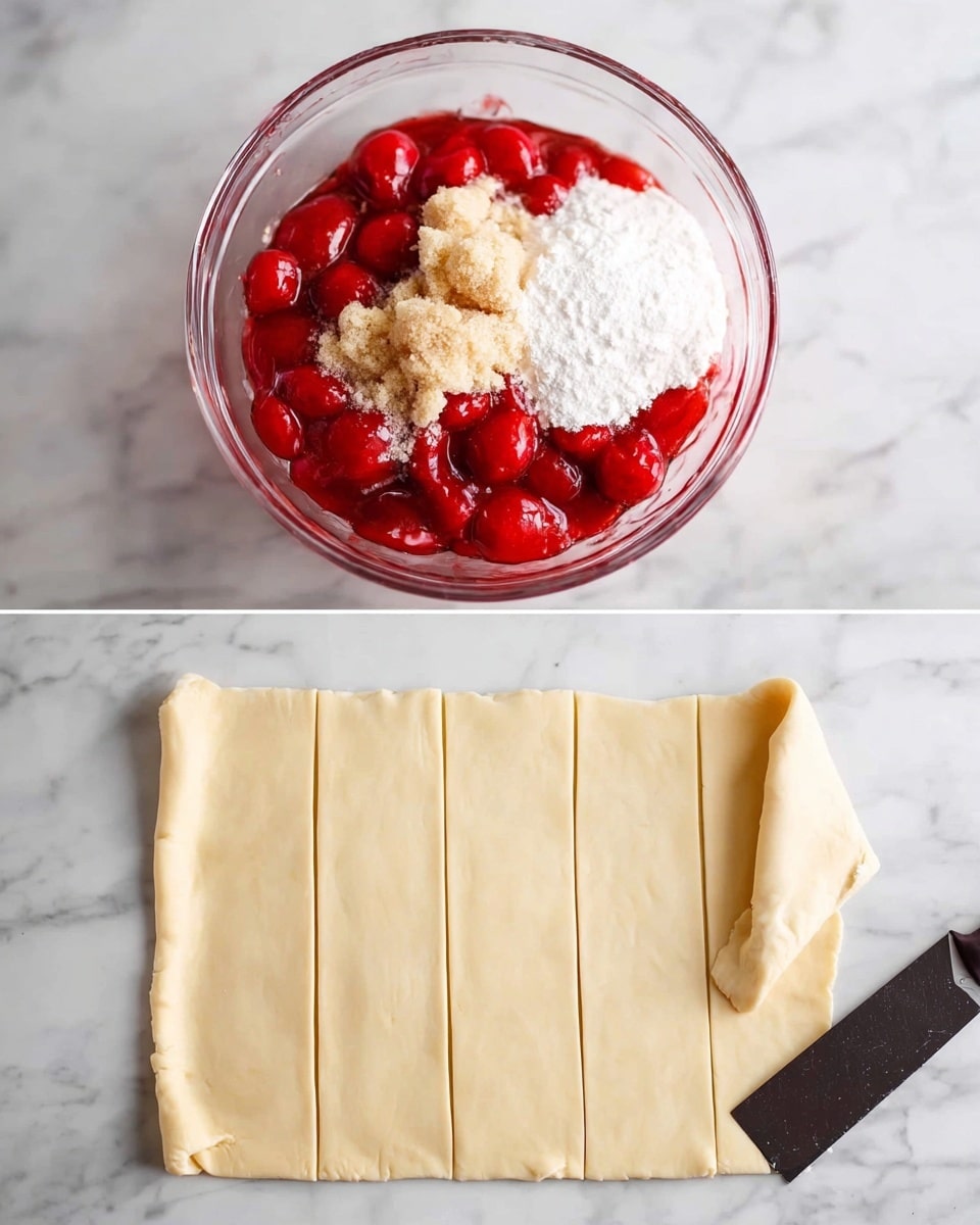 The first image shows a clear glass bowl on a white marbled surface filled with bright red cherry pie filling at the bottom, topped with light brown sugar clumps and a small mound of white powdered sugar or cornstarch on one side, creating a contrast of shiny red and matte tan and white textures. The second image shows a light cream-colored sheet of pastry dough laid flat on the same white marbled surface, with clean straight lines cut to form twelve rectangular sections, and a black pizza cutter partially visible in the bottom right corner. photo taken with an iphone --ar 4:5 --v 7
