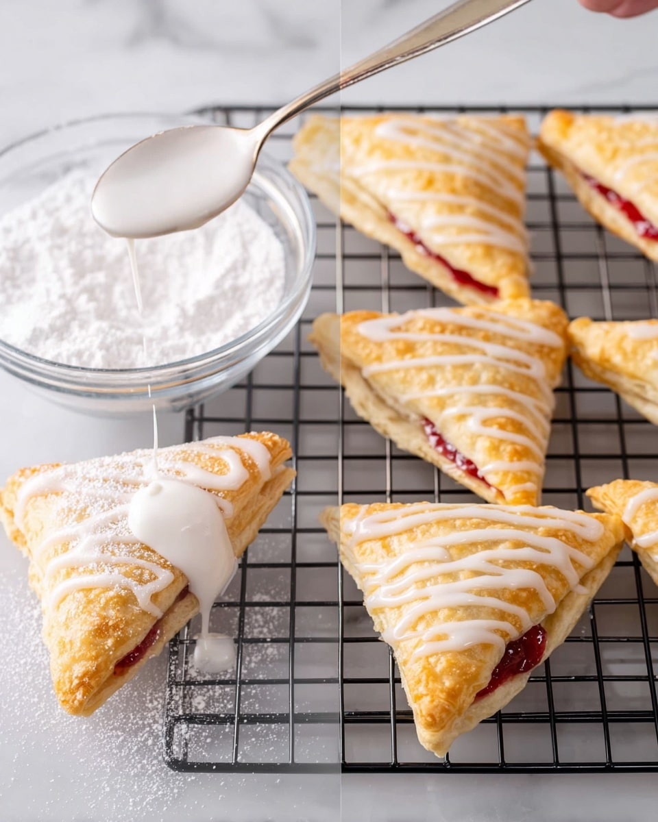 The image shows a close-up of golden brown triangular pastries arranged on a black metal cooling rack over a white marbled surface. Each pastry has multiple thin flaky layers with a visible red jam filling inside. A woman's hand is holding a spoon that is drizzling smooth white icing over the top pastry, creating a contrast against the golden texture. The icing drips slightly down the sides of the pastry, adding a glossy and fresh look. The left side of the image shows a clear glass bowl filled with powdery white sugar on the same white marbled surface. photo taken with an iphone --ar 4:5 --v 7