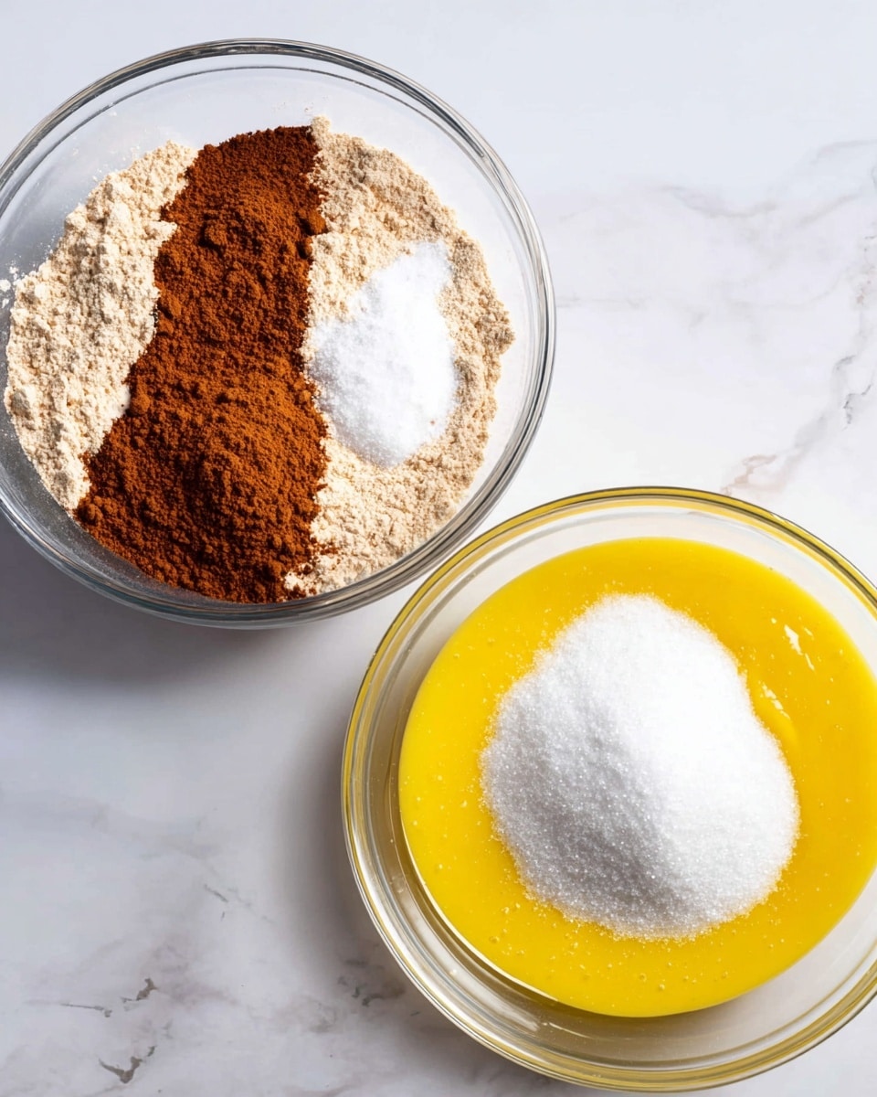 The image shows two clear glass bowls on a white marbled surface. The left bowl contains four dry ingredients layered side by side: light brown flour on the right, dark brown cinnamon powder on the left, and two smaller spots of white baking soda and salt overlapping the cinnamon. The right bowl holds two layers: a bright yellow melted butter covering the bottom and a pile of white granulated sugar half covering the butter. Both bowls have a glossy and smooth texture, highlighting the contrast between dry powders and wet ingredients. Photo taken with an iphone --ar 4:5 --v 7