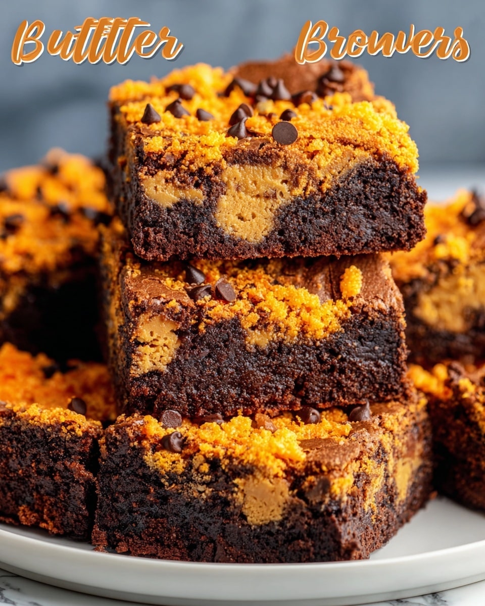 The image shows several thick, square brownies stacked on a white plate with a white marbled background. Each brownie has two main layers: a dense, dark brown chocolate layer filled with bits of light tan peanut butter pieces inside, and a vibrant and crumbly top layer covered with bright orange crushed candy pieces. The texture of the top layer looks crunchy and uneven, with small chocolate chips scattered among the orange crumbs, adding extra detail. The arrangement shows the brownies close together, with focus on the front piece that is slightly raised, revealing the rich middle filling and the contrasting textured topping. photo taken with an iphone --ar 4:5 --v 7