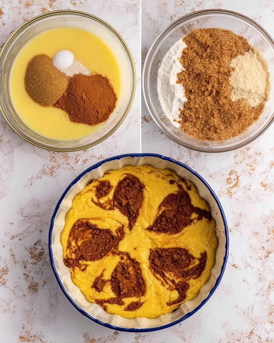 A clear glass bowl shows dry ingredients including brown sugar, white flour, and cinnamon on top of melted butter with a white marbled background. Next to it, a white Bundt pan filled with smooth, yellow cake batter has several dollops of thick brown cinnamon mixture placed evenly on top. The third part of the image shows the same white Bundt pan where the brown cinnamon mixture is swirled into the yellow batter in a marbled pattern. Photo taken with an iphone --ar 4:5 --v 7