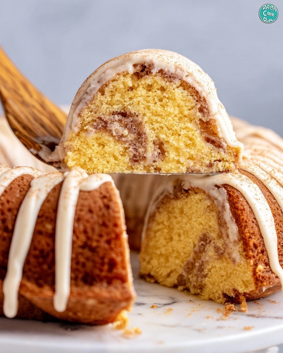 A close-up shot shows a slice of yellow cake with cinnamon swirls held by a wooden spatula above a white bundt cake. The cake has moist texture with visible cinnamon layers inside. The bundt cake has thick light brown icing piped in straight lines from the top center to the edges. The surface underneath is white marbled texture. The cake is topped with a light dusting of cinnamon or spice. Photo taken with an iphone --ar 4:5 --v 7