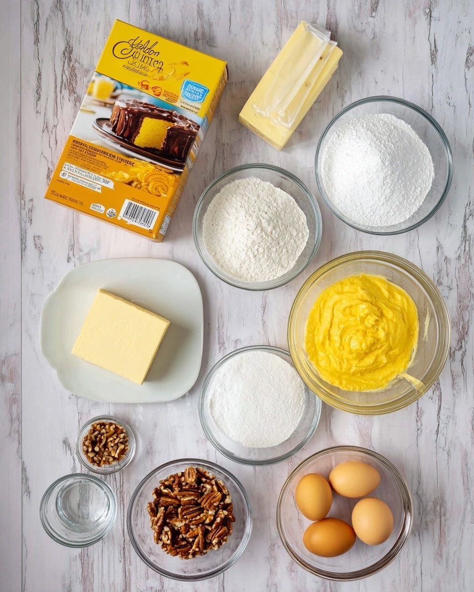 The image shows a flat lay of baking ingredients arranged neatly on a white marbled surface. In the center is a yellow and orange box of yellow cake mix showing a picture of a yellow cake with chocolate frosting. Around it are nine containers and items: top center a clear glass bowl filled with white powdered sugar, top right a clear glass bowl with a yellow mashed mixture, middle left a white plate holding a block of cream cheese, below it a small glass bowl filled with chopped pecans, bottom left a clear glass measuring cup with a clear liquid, bottom right a clear glass bowl with three raw yellow eggs visible, above it a clear glass bowl with white granulated sugar, and top left a stick of butter with a clear glass measuring cup holding liquid behind it. The layout is bright, clean, and shows the ingredients used in baking. Photo taken with an iphone --ar 4:5 --v 7