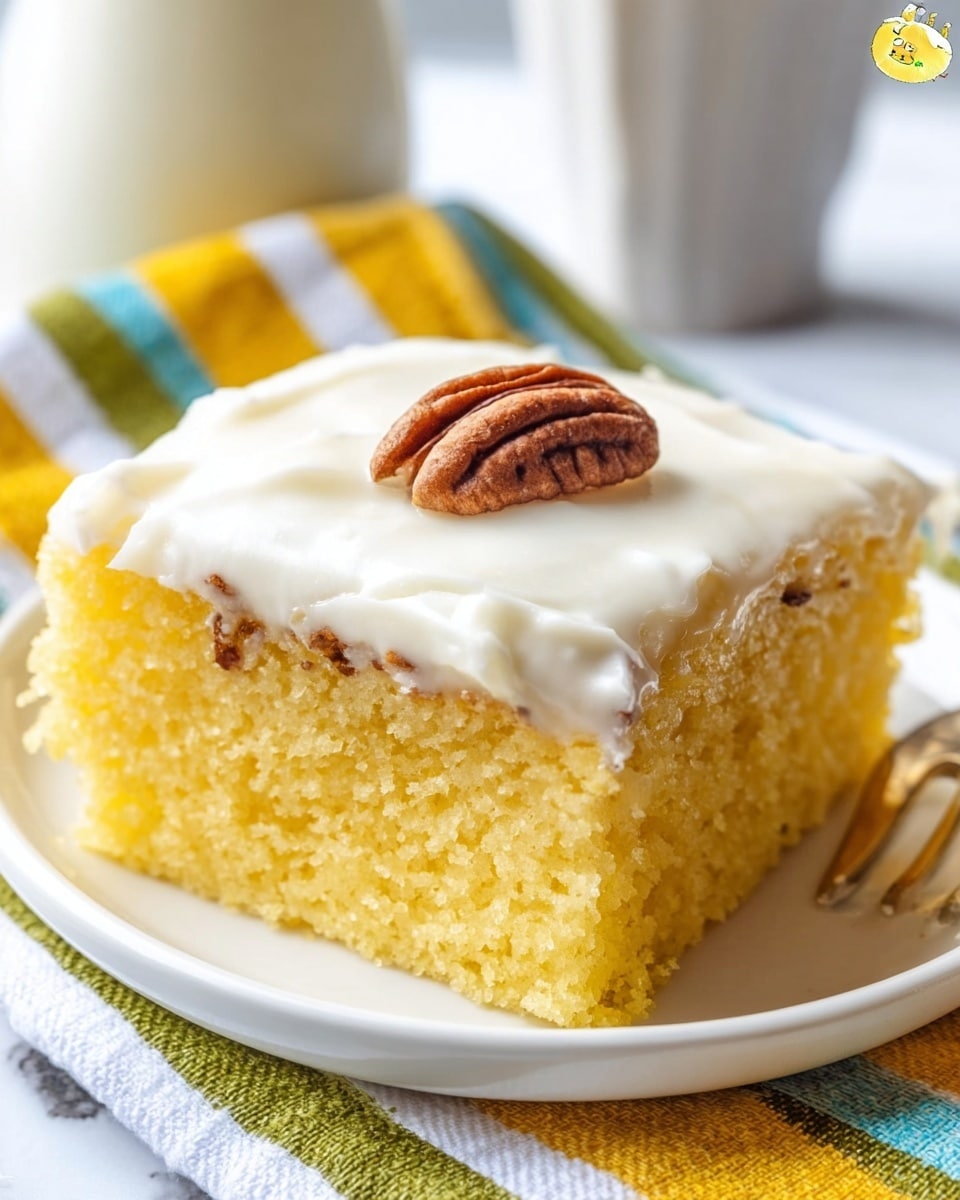 A close-up of a square slice of yellow cake with a soft and moist texture, topped with a thick creamy white frosting layer that has a smooth, slightly glossy surface. On top of the frosting sits one whole pecan nut placed near the center. The slice is served on a white plate with a folded white towel that has yellow and green stripes next to it, all set on a white marbled surface. photo taken with an iphone --ar 4:5 --v 7