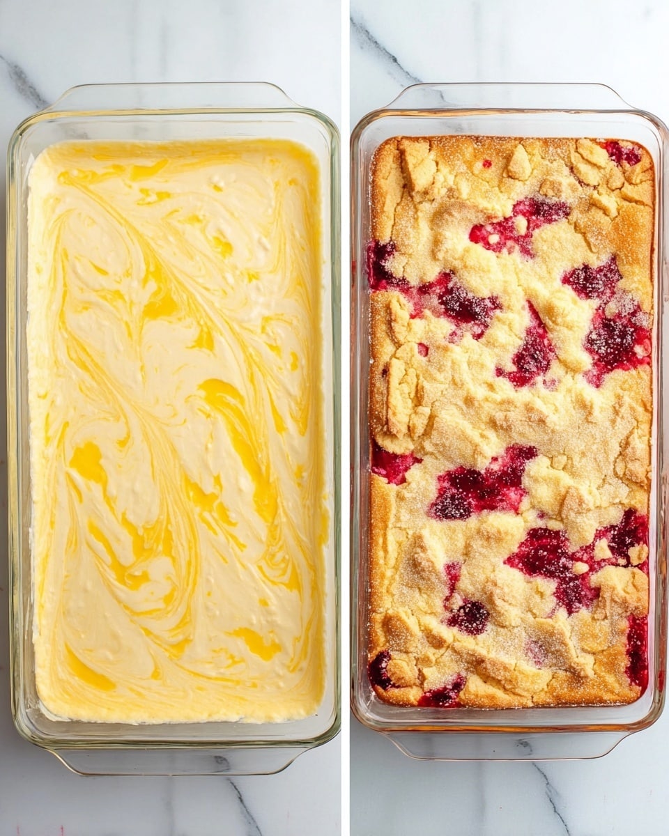 The image shows two stages of a dessert in clear rectangular glass dishes placed on a white marbled surface. On the left, the dish has a smooth, creamy, light yellow batter spread evenly with swirls of slightly deeper yellow color, creating a marbled texture that looks soft and uncooked. On the right, the dessert is fully baked with a golden-brown, crumbly top layer that has an uneven, cracked surface. Bright red fruit filling peeks through the cracks and edges. The glass dishes are simple and clear, showcasing the changes between the raw and cooked dessert clearly photo taken with an iphone --ar 4:5 --v 7