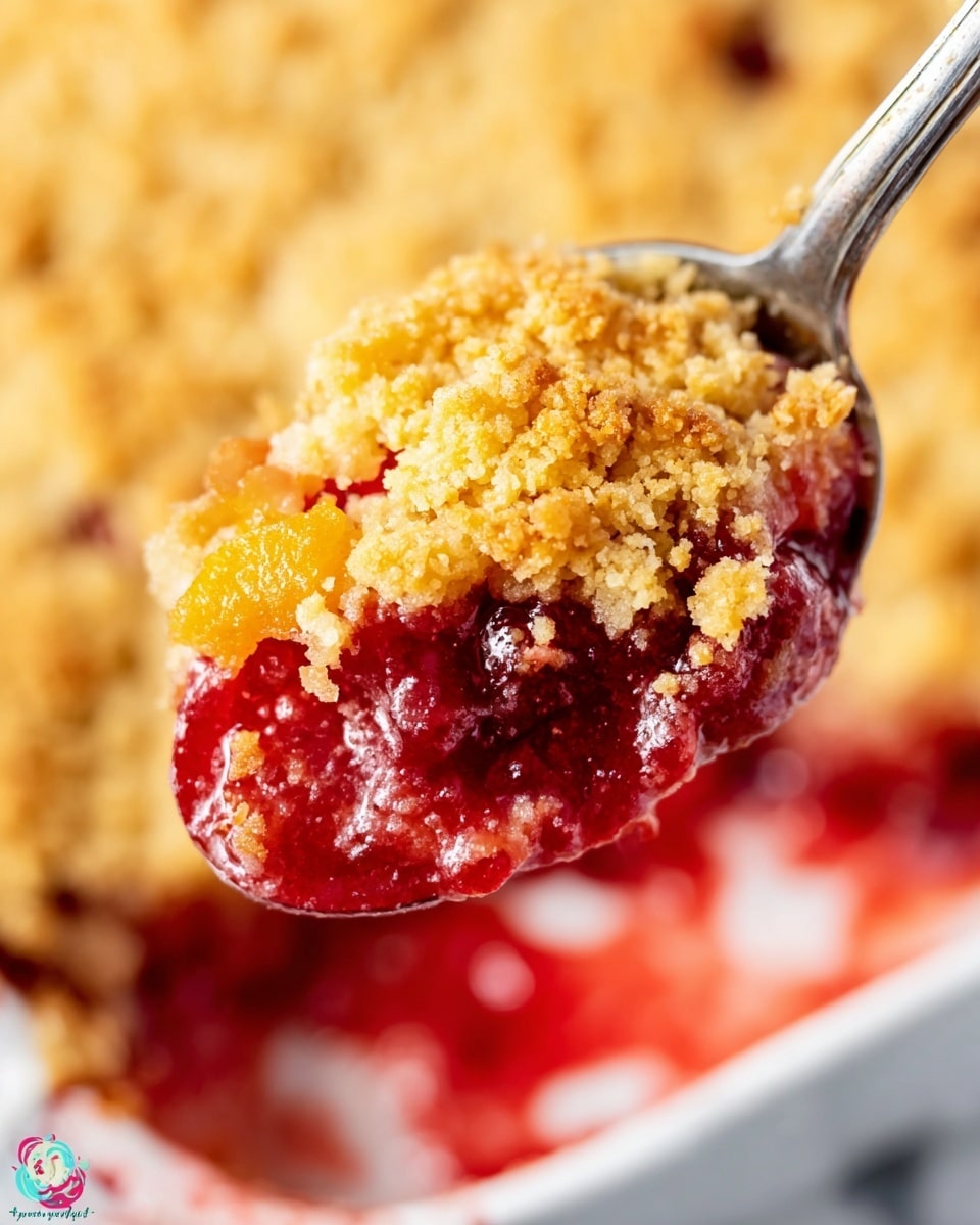 A close-up of a spoon holding a portion of fruit cobbler showing two layers: the top layer is a golden brown crumbly crust with a rough texture, and the bottom layer is a bright red, shiny fruit filling with a thick, glossy, and smooth texture. The background shows a white marbled surface with the rest of the cobbler slightly out of focus, revealing more of the same two layers in a white dish. photo taken with an iphone --ar 4:5 --v 7