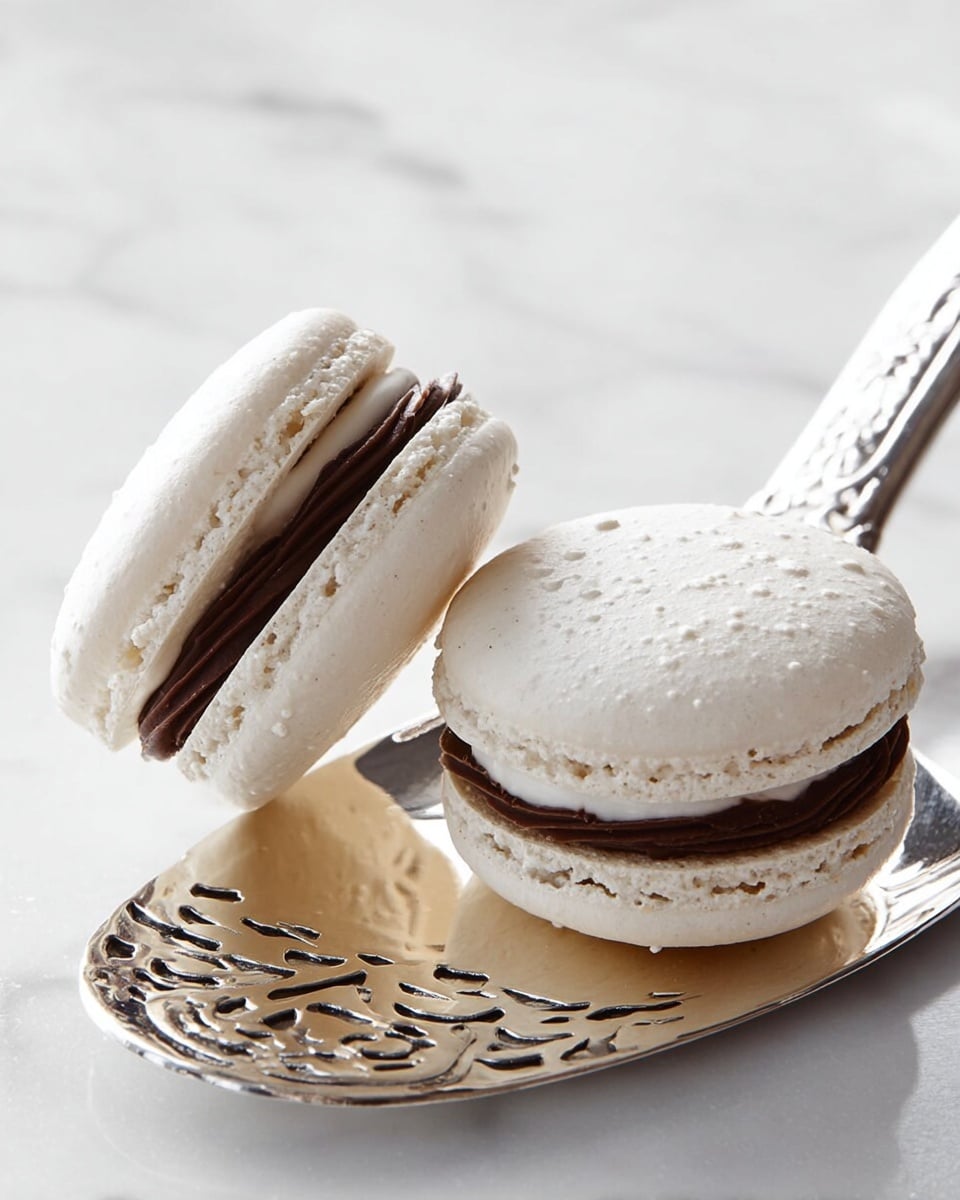 Two white macarons with smooth, slightly textured shells are layered with thick, dark brown chocolate filling in the middle. They sit close together on a shiny silver cake server with elegant cut-out patterns, all set against a white marbled surface. The macarons appear soft and delicate, with each having two round shells sandwiching the rich filling. photo taken with an iphone --ar 4:5 --v 7