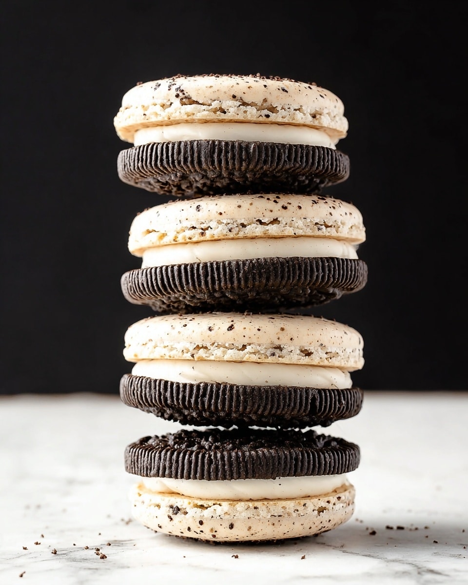 A stack of five cookies stands upright on a white marbled surface. The stack alternates layers: three light beige macarons speckled with small dark bits and filled with a creamy off-white layer, and two classic dark chocolate sandwich cookies with a white cream center. Each macaron has a smooth top and a slightly rougher bottom edge, while the chocolate cookies show a ridged texture on the outside. The background is solid black, making the stack the central focus. Photo taken with an iphone --ar 4:5 --v 7