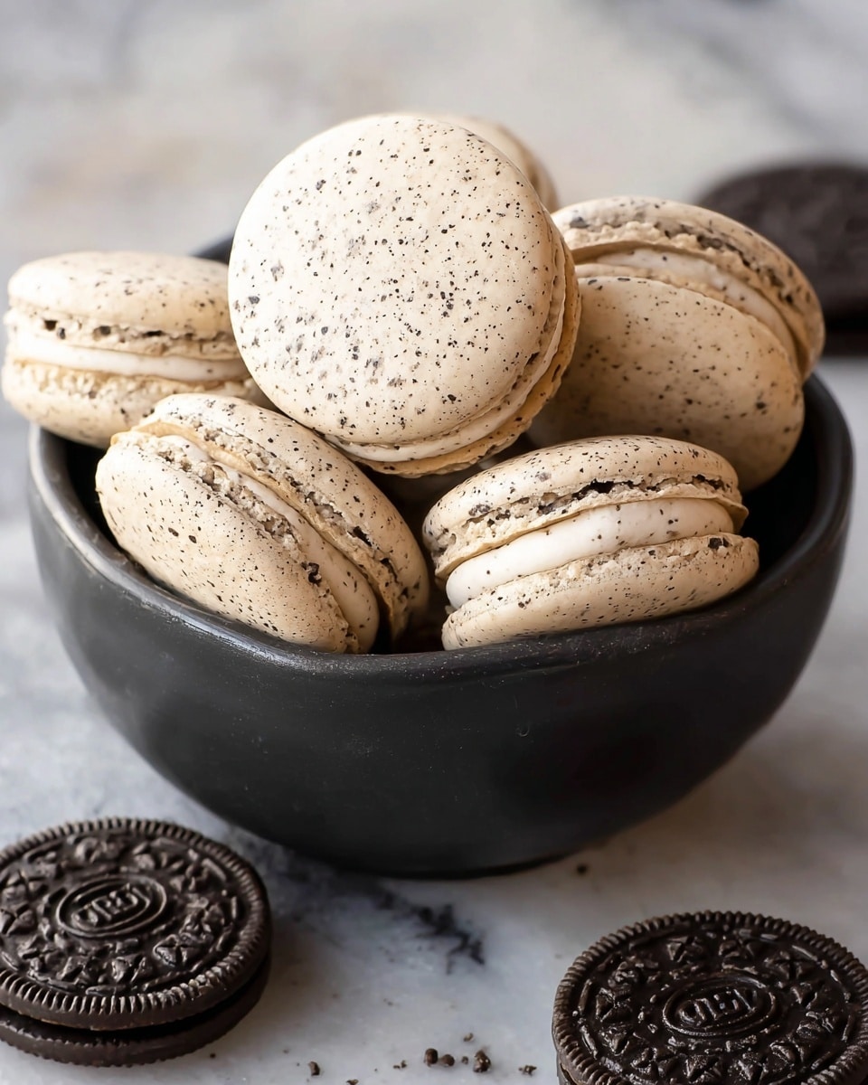 A black bowl filled with about eight Oreo-flavored macarons, each with two light beige cookie layers with small dark specks and a white cream filling in the middle. The macarons have a smooth, slightly shiny surface and textured edges where the layers meet. Surrounding the bowl are three Oreo cookies with dark brown embossed cookie layers and white cream filling. The setting is on a white marbled surface. photo taken with an iphone --ar 4:5 --v 7