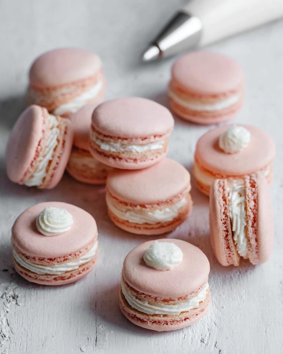 The image shows a close-up view of several light pink macarons arranged tightly in rows. Each macaron has two smooth, round shells with a slightly rough texture around the edges, and a creamy white filling in the middle. The shells are soft pastel pink with tiny darker pink specks, creating a delicate look. The filling is thick and evenly spread between the layers, making the macarons look full and fresh. The macarons fill the frame fully against a white marbled background. photo taken with an iphone --ar 4:5 --v 7