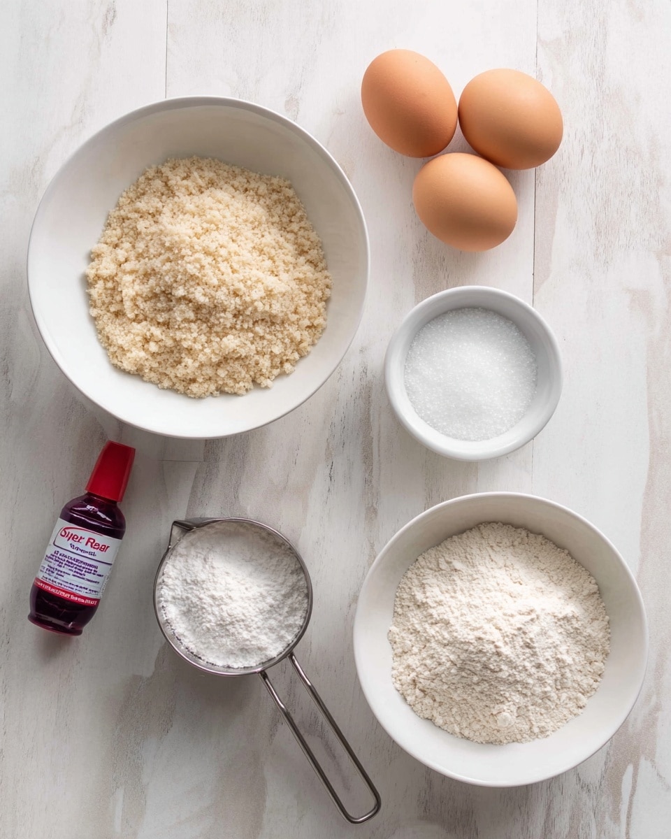 The image shows several baking ingredients neatly arranged on a white marbled surface. There are two brown eggs placed together near the top left. To their right, a small white bowl holds a fine white powder, probably salt. Below these, a white bowl is filled with a light brown crumbly mixture. To the right of this bowl, another white bowl contains a white grainy substance, likely sugar. At the bottom left, a metal measuring cup holds a heap of white powder, possibly powdered sugar or flour. A small bottle of red food coloring labeled