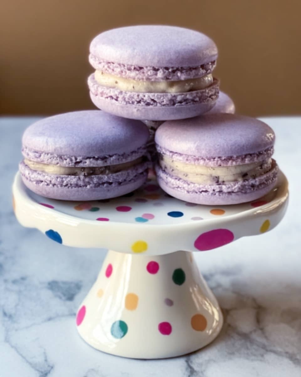 The image shows four light purple macarons stacked on a small white cake stand with colorful dots all over it. Each macaron has two smooth, round shells with a slightly rough edge and a creamy, pale filling in the middle. Three macarons are placed side by side on the stand, with the fourth one balanced on top in the center. The background is a white marbled texture. photo taken with an iphone --ar 4:5 --v 7