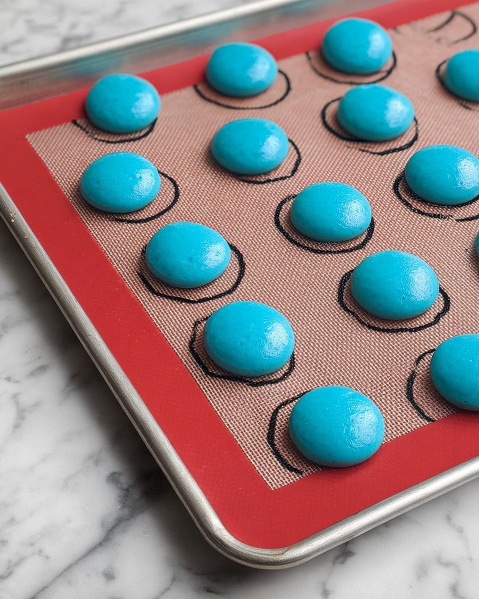The image shows a metal baking tray with a red silicone mat that has black circles drawn for guidance. On the mat, there are eleven smooth, round, bright blue batter discs evenly spaced, ready to be baked. The discs have a shiny and matte texture, appearing soft and slightly puffy. The background surface is a white marbled texture. photo taken with an iphone --ar 4:5 --v 7