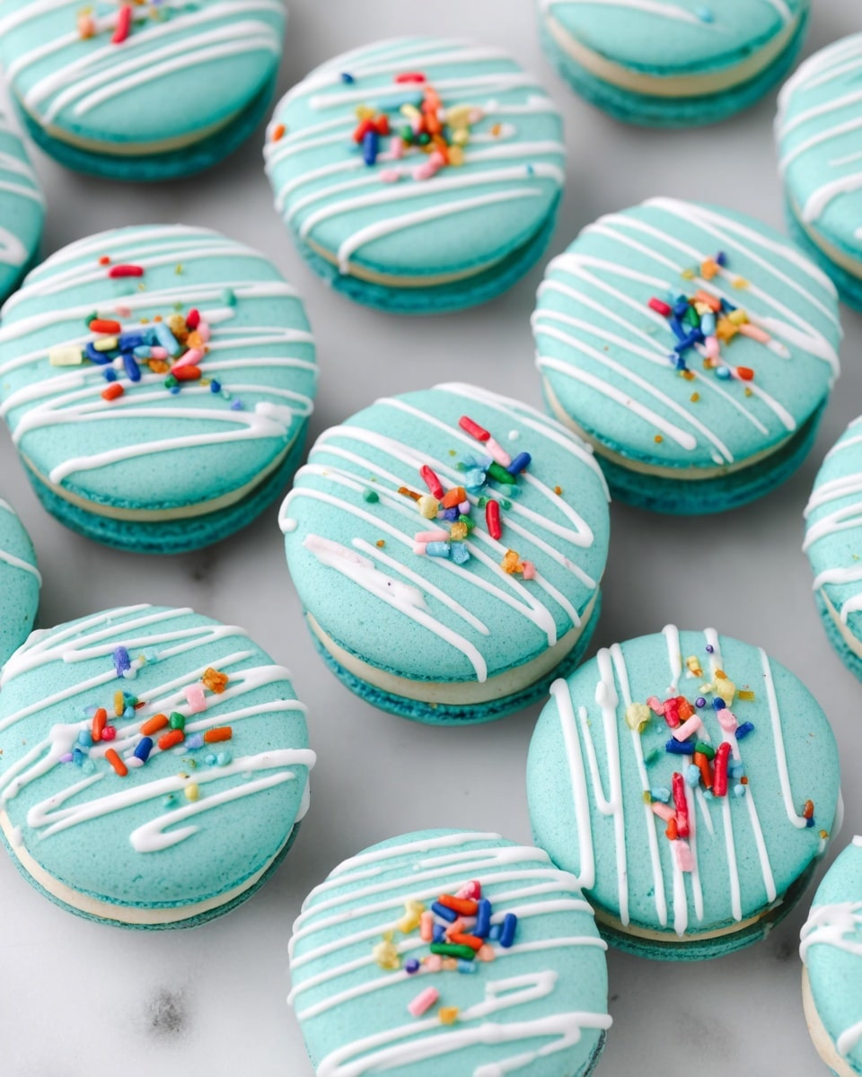 The image shows many round, light blue macarons arranged closely on a white marbled surface. Each macaron has two smooth, flat, light blue cookie layers with a thin layer of filling visible between them. The top cookie layer is decorated with thin white icing lines drizzled diagonally across the surface and topped with small, colorful sprinkle bits in shades of red, green, orange, yellow, pink, and blue, scattered unevenly. The texture of the macarons looks smooth and slightly shiny. photo taken with an iphone --ar 4:5 --v 7