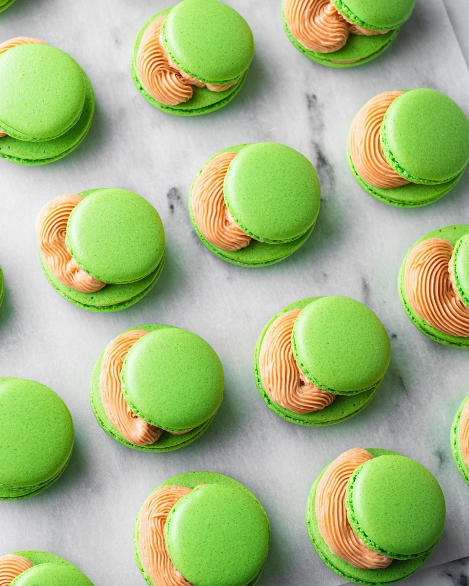 The image shows many green macaron shells placed on white parchment paper on a white marbled surface. Some shells are plain and round, with a smooth matte texture and bright green color. Other shells have a dollop of light orange creamy filling with a slightly swirled texture on top. The shells are arranged in no special order, spaced evenly across the paper. The contrast between the green shells and orange filling is clear and fresh-looking. photo taken with an iphone --ar 4:5 --v 7