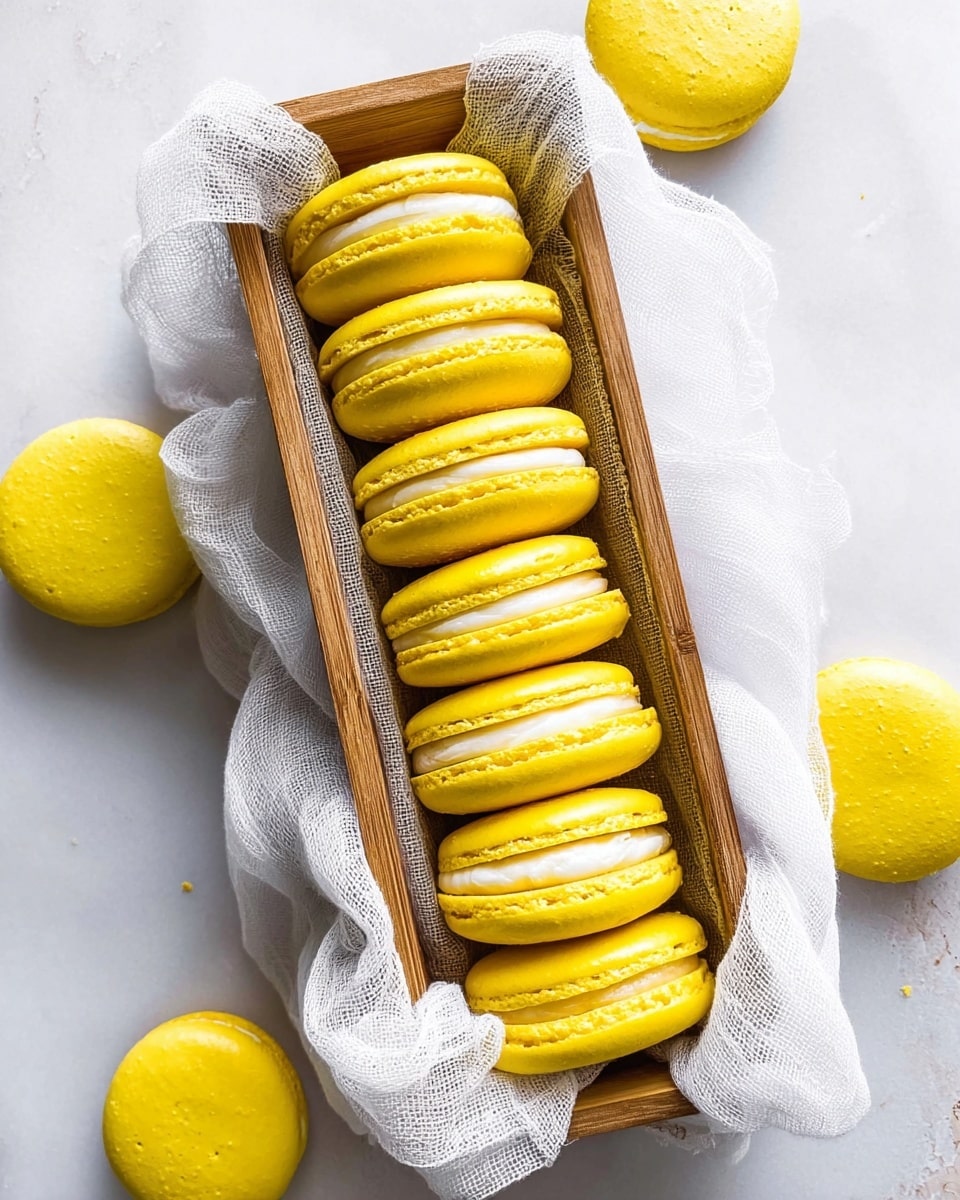 A wooden box lined with soft white cheesecloth holds seven bright yellow macarons arranged in a single row, each macaron showing two smooth, round yellow shells with a creamy white filling in the middle. Two more yellow macarons are placed on a white marbled surface beside the box, showing their shiny, smooth tops. The overall look is clean and fresh with a light, soft texture from the cheesecloth contrasting with the smooth macarons. photo taken with an iphone --ar 4:5 --v 7