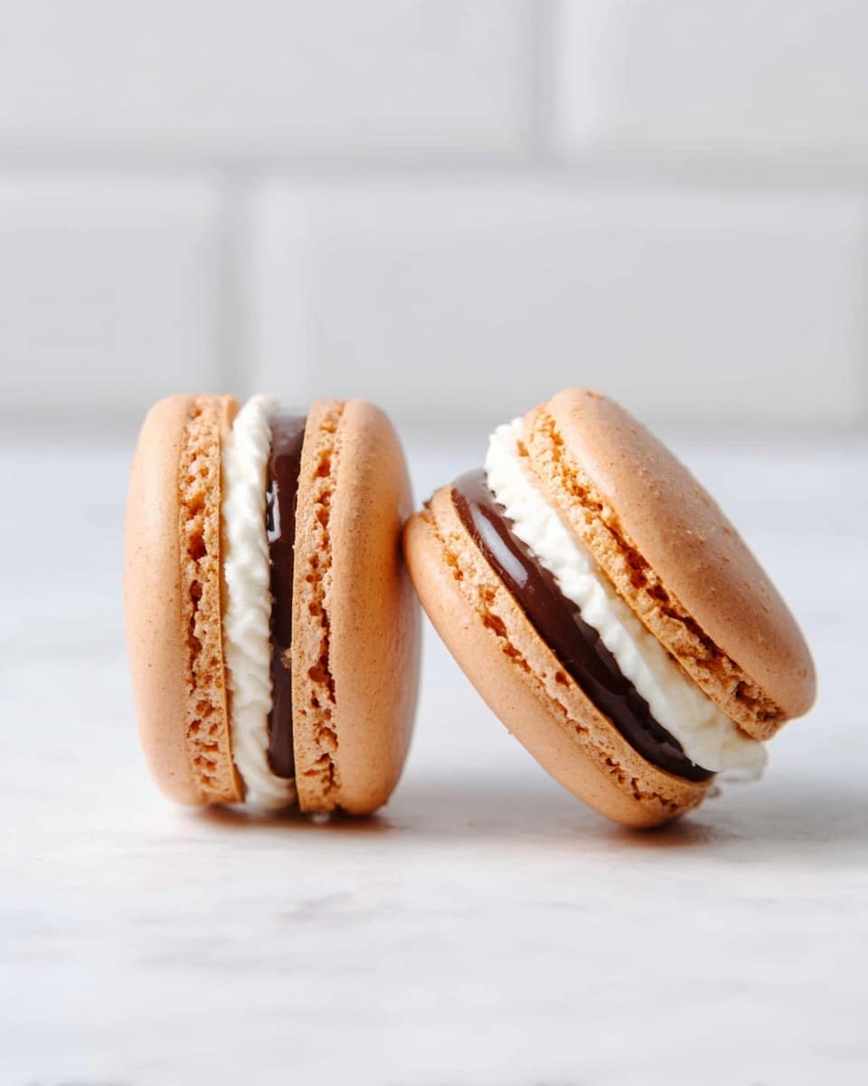 Two light brown macarons are shown on a white marbled surface with a blurry white tiled wall in the background. Each macaron has three layers: the top and bottom are smooth, round, and light brown shells with a slightly textured edge. Inside, there are two layers of filling: a thick layer of dark chocolate in the middle and a white creamy layer below it. One macaron stands upright, showing the fillings clearly, while the other lies on its side, emphasizing the round shape and texture of the shells. Photo taken with an iphone --ar 4:5 --v 7