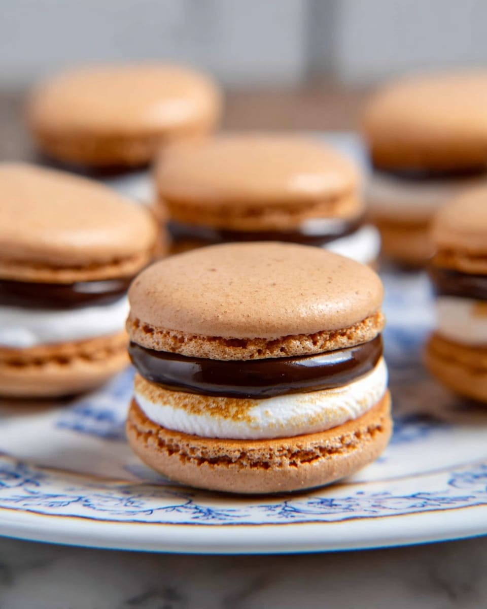 The image shows close-up views of multiple macarons arranged on a white plate with blue designs. Each macaron has three distinct layers: the top and bottom shells are light brown, smooth with a slightly crispy texture, while the middle filling consists of two layers—the top filling is thick, dark chocolate with a glossy surface, and the bottom filling is white toasted cream, soft and slightly browned on top. The macarons are positioned on a white marbled surface in the background, with the focus on the front macaron. photo taken with an iphone --ar 4:5 --v 7