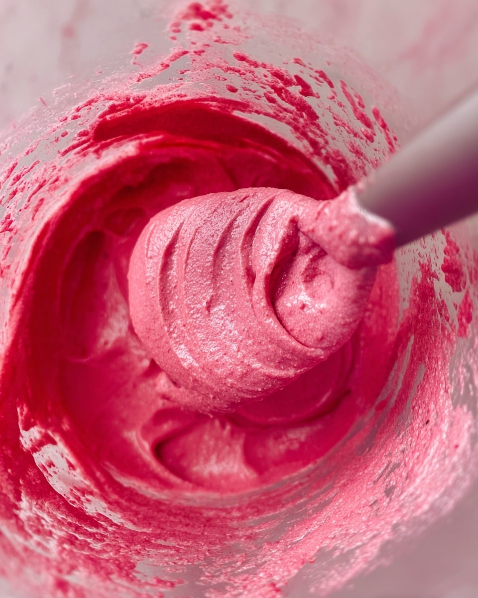 A close-up view of a vibrant bright pink creamy mixture with a smooth and slightly thick texture inside a clear blender container. The mixture clings to the sides and a spatula with the same pink mixture is lifted above it, showing the thickness and softness of the mixture. The background shows a white marbled texture. photo taken with an iphone --ar 4:5 --v 7