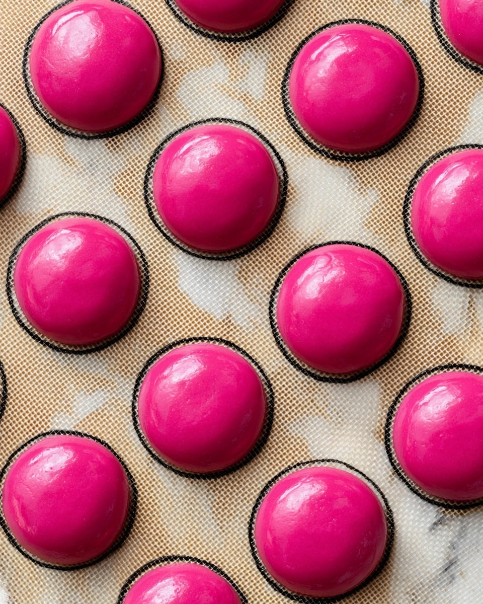 The image shows multiple bright pink round cookie shells arranged on a baking mat, which has a light brown grid texture. Each shell is shiny, smooth, and puffy, sitting on black circle outlines drawn on the mat to guide their size and placement. The shells look fresh and slightly raised as if they are ready to be baked or have just been baked. The background is a white marbled texture. photo taken with an iphone --ar 4:5 --v 7