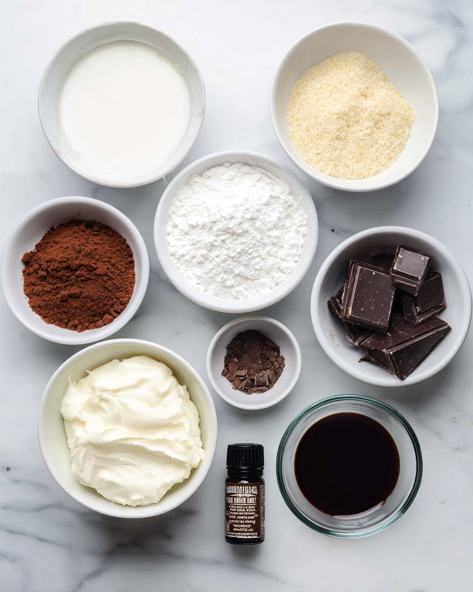 The image shows various baking ingredients neatly arranged in white bowls and a clear glass bowl on a white marbled surface. There are eight containers visible: one with a white liquid, one with light brown crushed crumbs, one with white powder, one with a dark brown powder, one with dark chocolate pieces, one with a thick white creamy substance, one with a dark syrup, and a small black bottle of vanilla extract placed near the center. Each ingredient has a distinct texture and color, and the setup looks clean and organized for recipe preparation. photo taken with an iphone --ar 4:5 --v 7