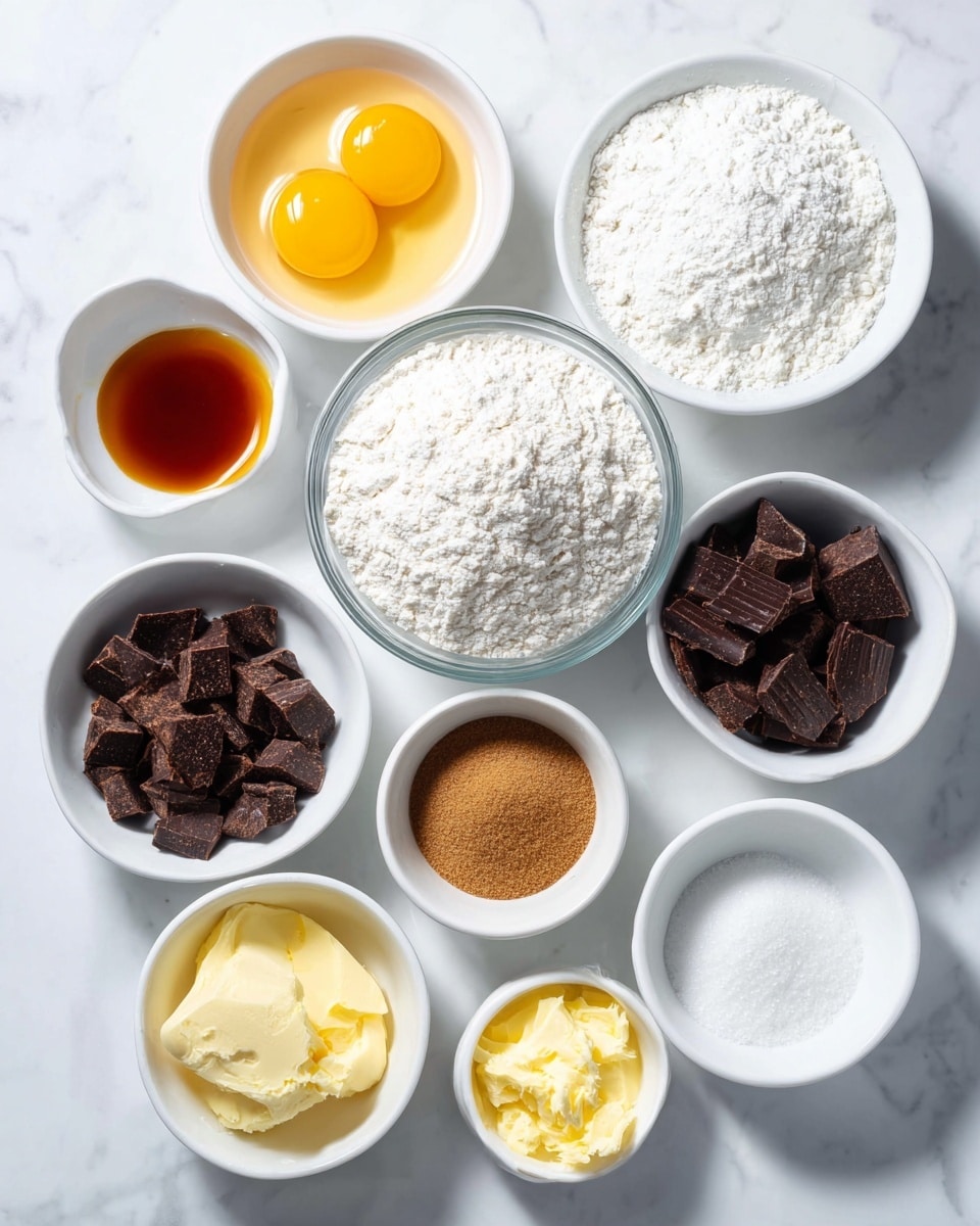 The image shows various baking ingredients placed on a white marbled surface, each in separate white bowls arranged neatly. At the center, a clear glass bowl is filled with white flour. Surrounding it clockwise, there is a white bowl with two raw eggs showing bright yellow yolks and clear whites, a smaller white bowl with a dark amber liquid, another white bowl holding a light off-white powder, a bowl filled with chopped dark chocolate pieces, a white bowl with white powder, a white bowl containing brown sugar, a white bowl with yellow softened butter, and a white bowl with a white solid fat resembling coconut oil. The setup looks clean and bright, with natural light creating soft shadows. Photo taken with an iphone --ar 4:5 --v 7