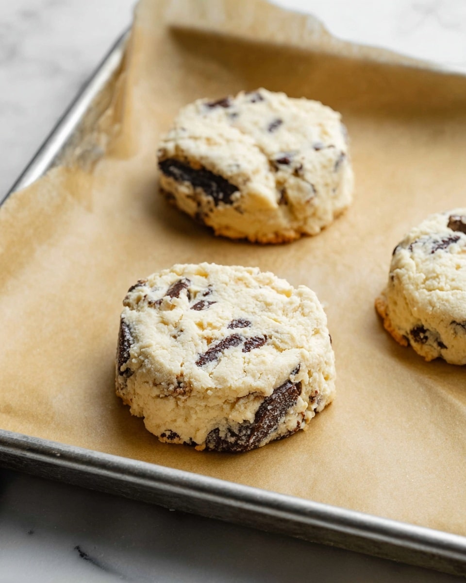 The image shows three round cookies with a rough and cracked texture, placed on light brown parchment paper on a metal baking tray. The cookies are pale beige with patches of dark brown, almost black, pieces mixed in. The cookies look thick and chunky, with a slightly crumbly surface and some visible chunks embedded within. The parchment paper covers most of the tray, and the background is a white marbled texture. photo taken with an iphone --ar 4:5 --v 7