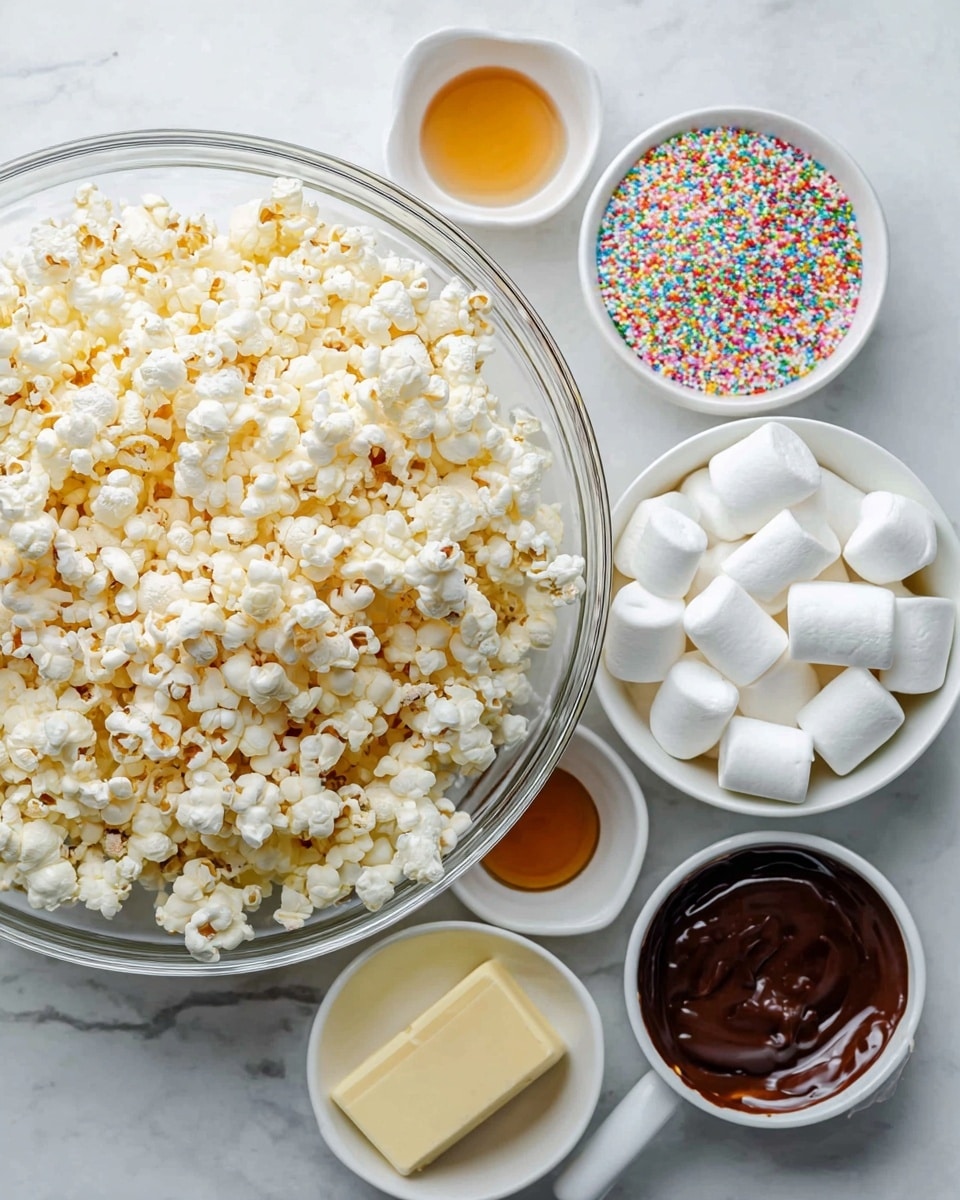 A large clear glass bowl filled with light yellow and white popcorn sits on a white marbled surface, surrounded by several small white bowls. One bowl holds many big, soft white marshmallows, another has colorful rainbow sprinkles, a third holds a light yellow square of butter, a fourth contains dark brown melted chocolate, and a fifth has a light brown syrup. The arrangement shows ingredients ready for making a sweet popcorn treat. photo taken with an iphone --ar 4:5 --v 7