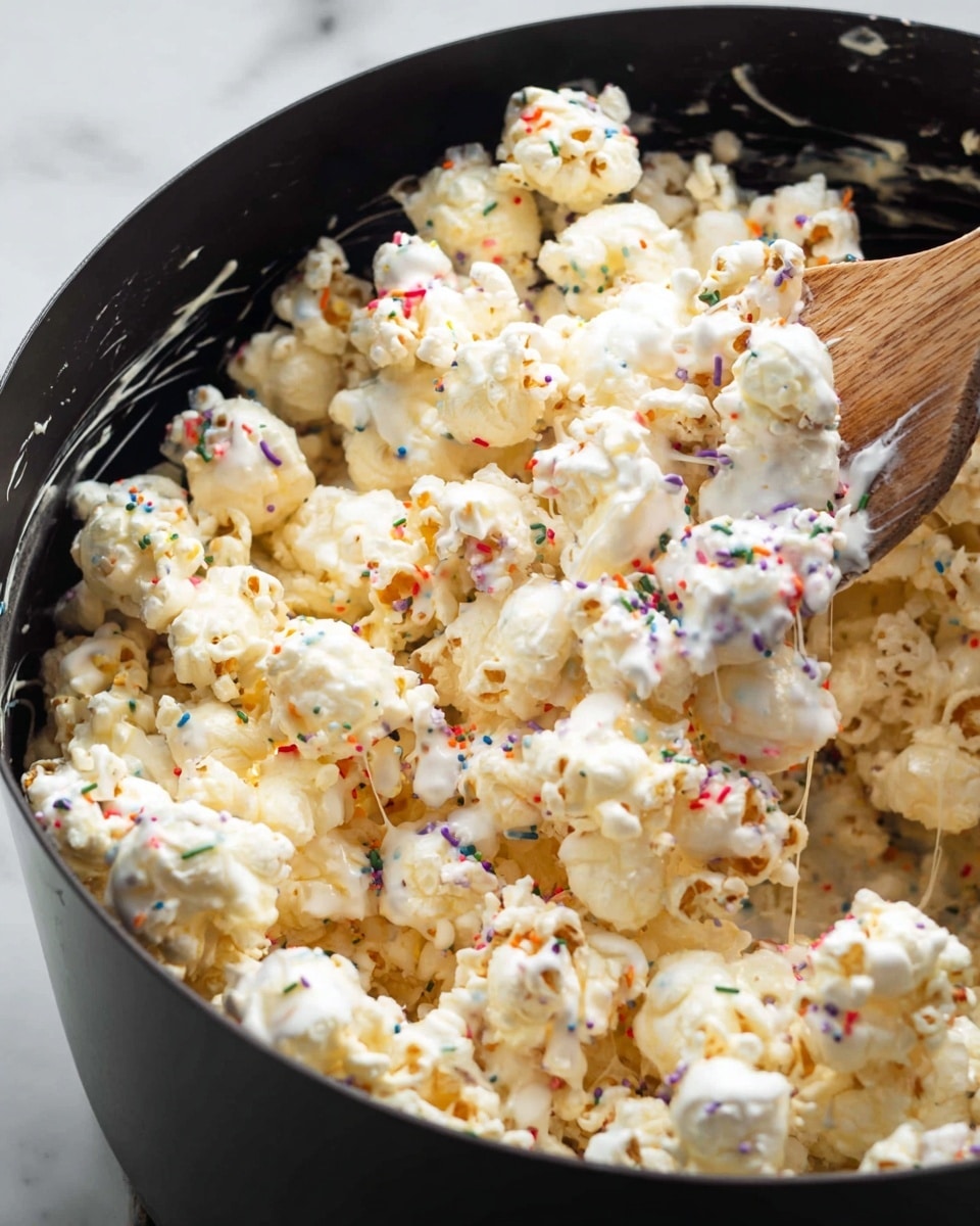 The image shows a close-up of a large black pot filled with popcorn coated in white melted marshmallow. The popcorn pieces are light yellow with a smooth, shiny white layer sticky on them, connected by thin, stringy marshmallow strands. Small, colorful sprinkles in orange, green, purple, and blue are scattered unevenly over the popcorn. A wooden spatula is mixed into the popcorn on the right side with melted marshmallow stuck to it. The background surface is a white marbled texture. Photo taken with an iphone --ar 4:5 --v 7