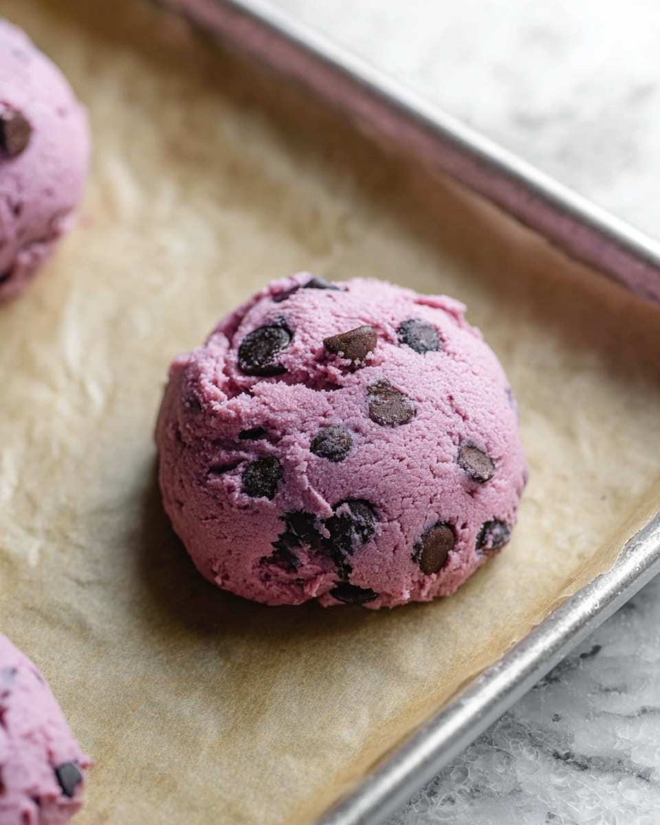 A single purple cookie dough ball filled with visible dark brown chocolate chips and small dark blue or black berries is placed on light beige parchment paper that lies on a silver baking tray. The dough has a soft, slightly rough texture with some cracks and lumps. Another similar purple dough ball, slightly out of focus, is seen in the top left corner. The background surface beneath the tray shows a white marbled texture. photo taken with an iphone --ar 4:5 --v 7