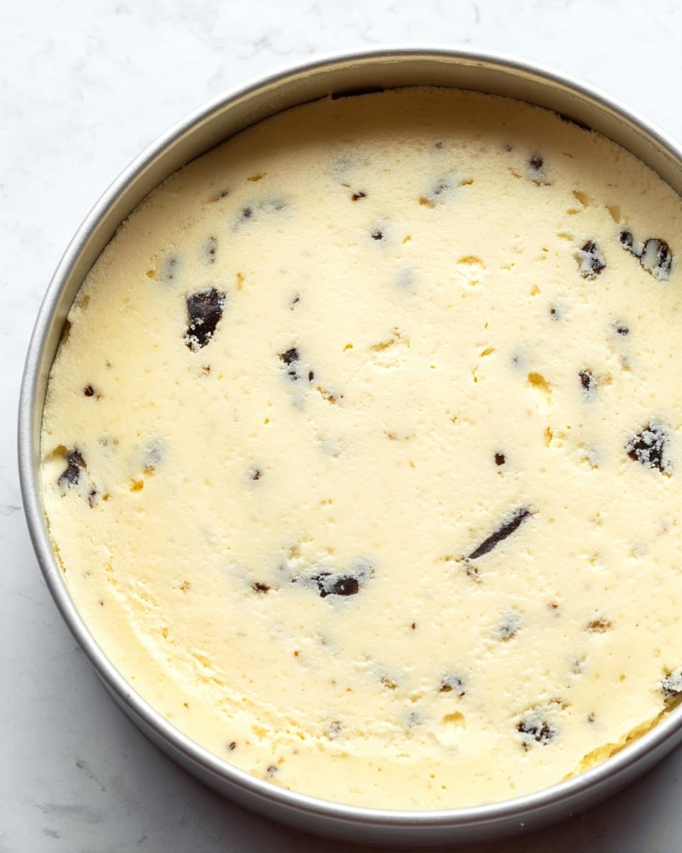 A close-up view of a round, light cream-colored cheesecake batter in a silver pan. The top layer is smooth but shows some cracks and small rough areas. Dark small chunks are scattered unevenly inside the batter, creating spots of black against the pale yellow cream. The pan holds the cheese layer fully, and the background is a white marbled texture. Photo taken with an iphone --ar 4:5 --v 7