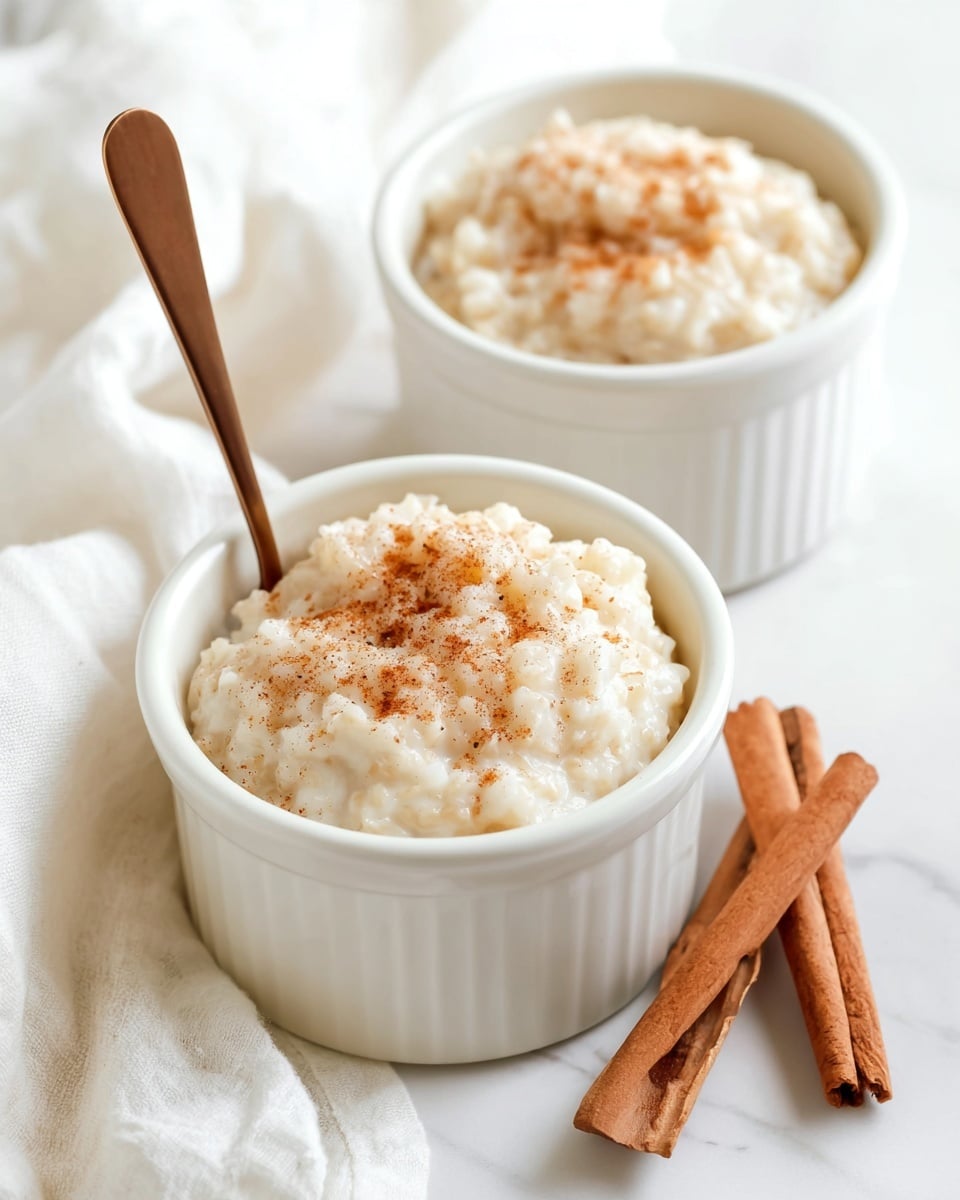 Two white ramekins filled with creamy rice pudding are shown on a white marbled surface. The pudding is off-white with visible soft rice grains and is sprinkled with light brown cinnamon powder on top. One ramekin is closer to the camera and has a long, thin bronze spoon standing upright inside, while the other is placed slightly behind and out of focus. A white cloth is casually draped around the ramekin in front, and two cinnamon sticks lie next to the right side of the ramekin. The overall color palette is soft and warm with whites and light browns, giving a cozy feel. photo taken with an iphone --ar 4:5 --v 7