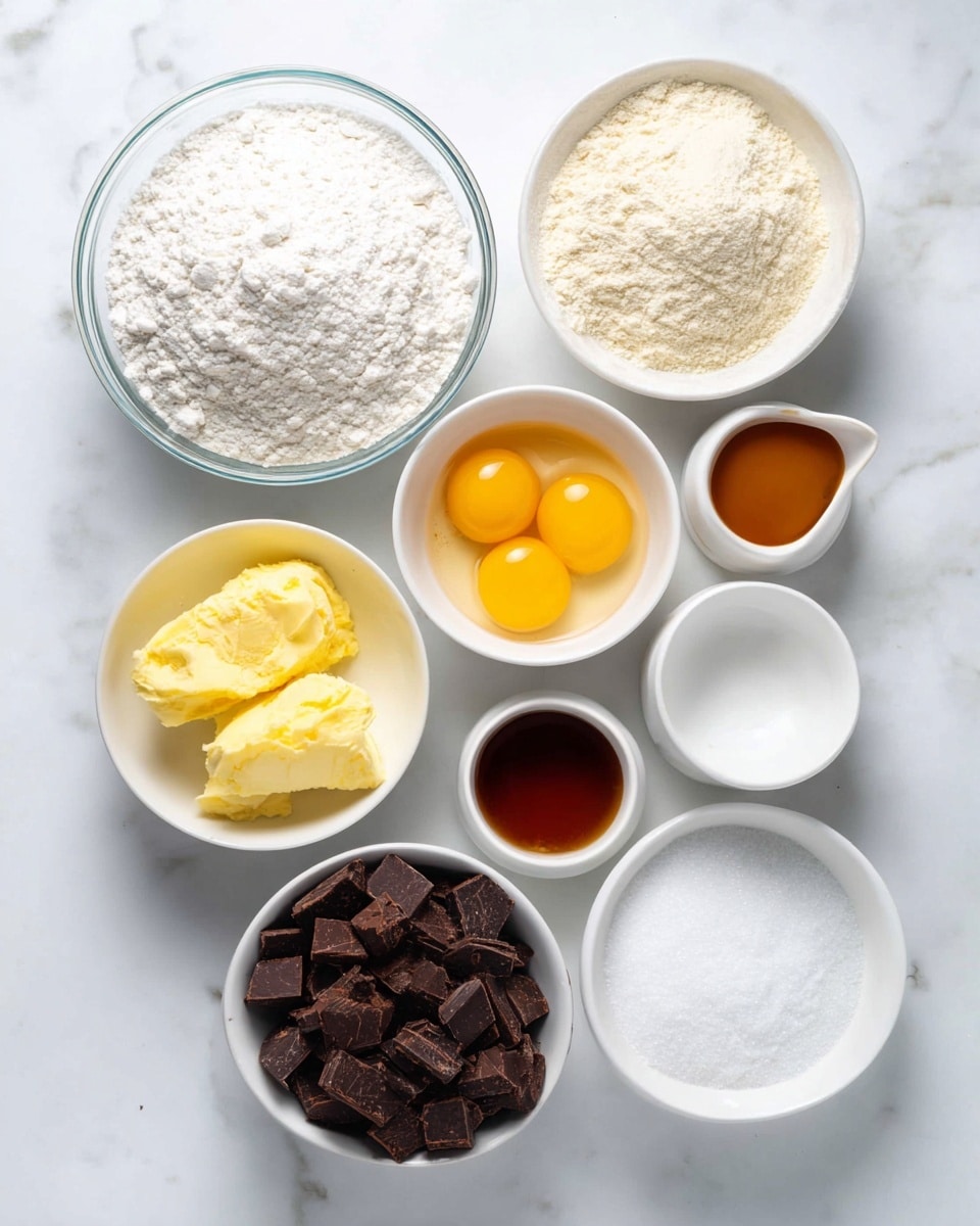 The image shows eight small bowls arranged on a white marbled surface. In the center, there is a clear glass bowl filled with fine white flour. To the top right, a white bowl holds a light beige powder. Next to it, a small white pouring bowl contains dark amber liquid. Above the flour bowl, a white bowl has two raw eggs with bright yellow yolks surrounded by clear egg whites. On the bottom right, a white bowl is filled with uneven dark brown chopped chocolate pieces. Below that, a white bowl contains white granulated sugar. On the left side, a white bowl has a bright yellow soft butter or margarine. Above that, another white bowl contains a solid white fat, possibly coconut oil. Above all ingredients, the white marbled surface adds brightness and a clean look. photo taken with an iphone --ar 4:5 --v 7