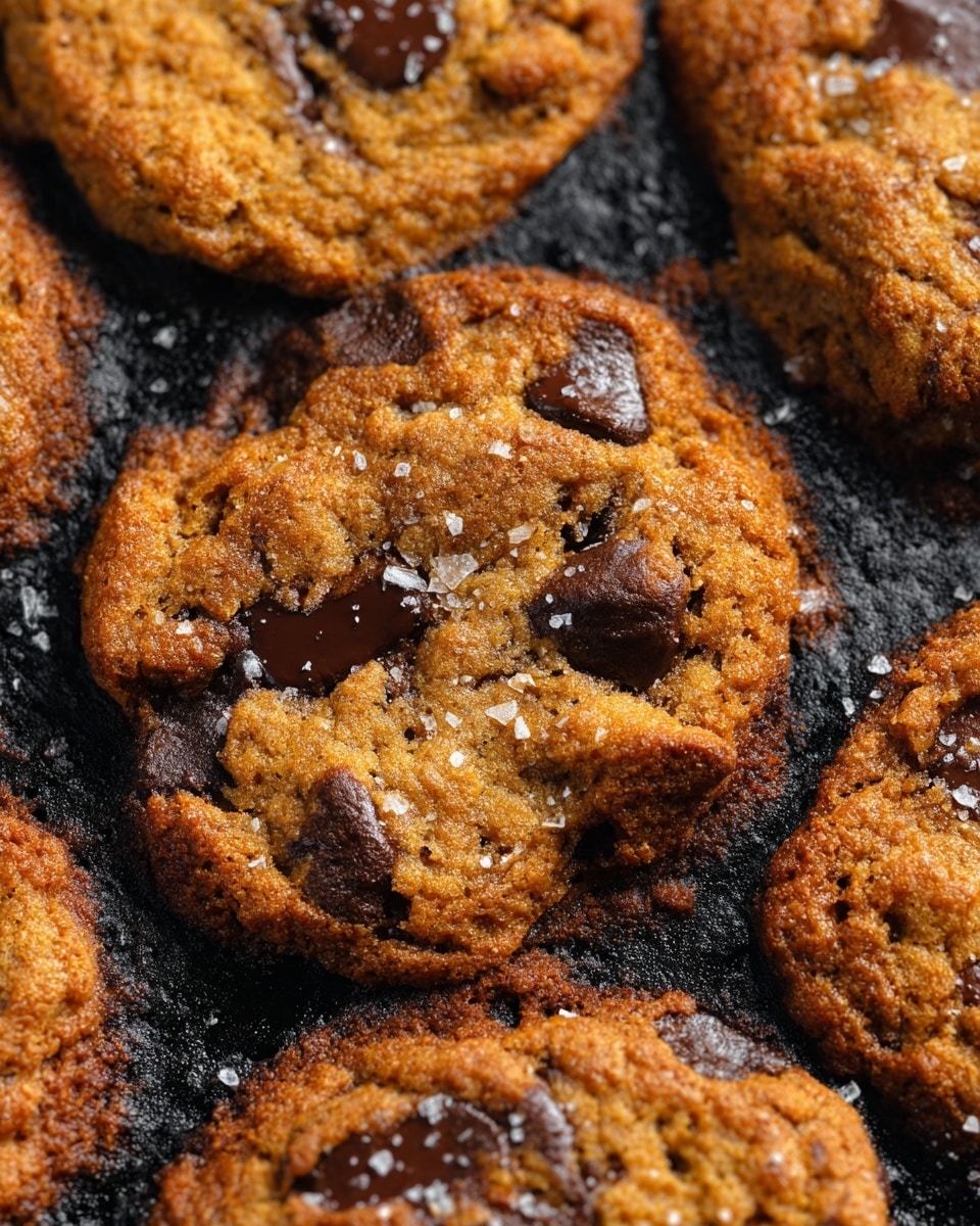 The image shows a close-up view of several golden brown chocolate chip cookies baked on a dark surface. The cookies have a rough, slightly crispy texture on top with visible chocolate chips embedded within. Some of the chocolate chips are glossy and dark brown, contrasting with the warm, toasted brown of the cookie dough. There are small flakes of white salt scattered on the cookies, adding a slight sparkle to the surface. The cookies are touching each other, creating an irregular shape overall. The background has a shiny, slightly charred look that highlights the softness and texture of the cookies. photo taken with an iphone --ar 4:5 --v 7