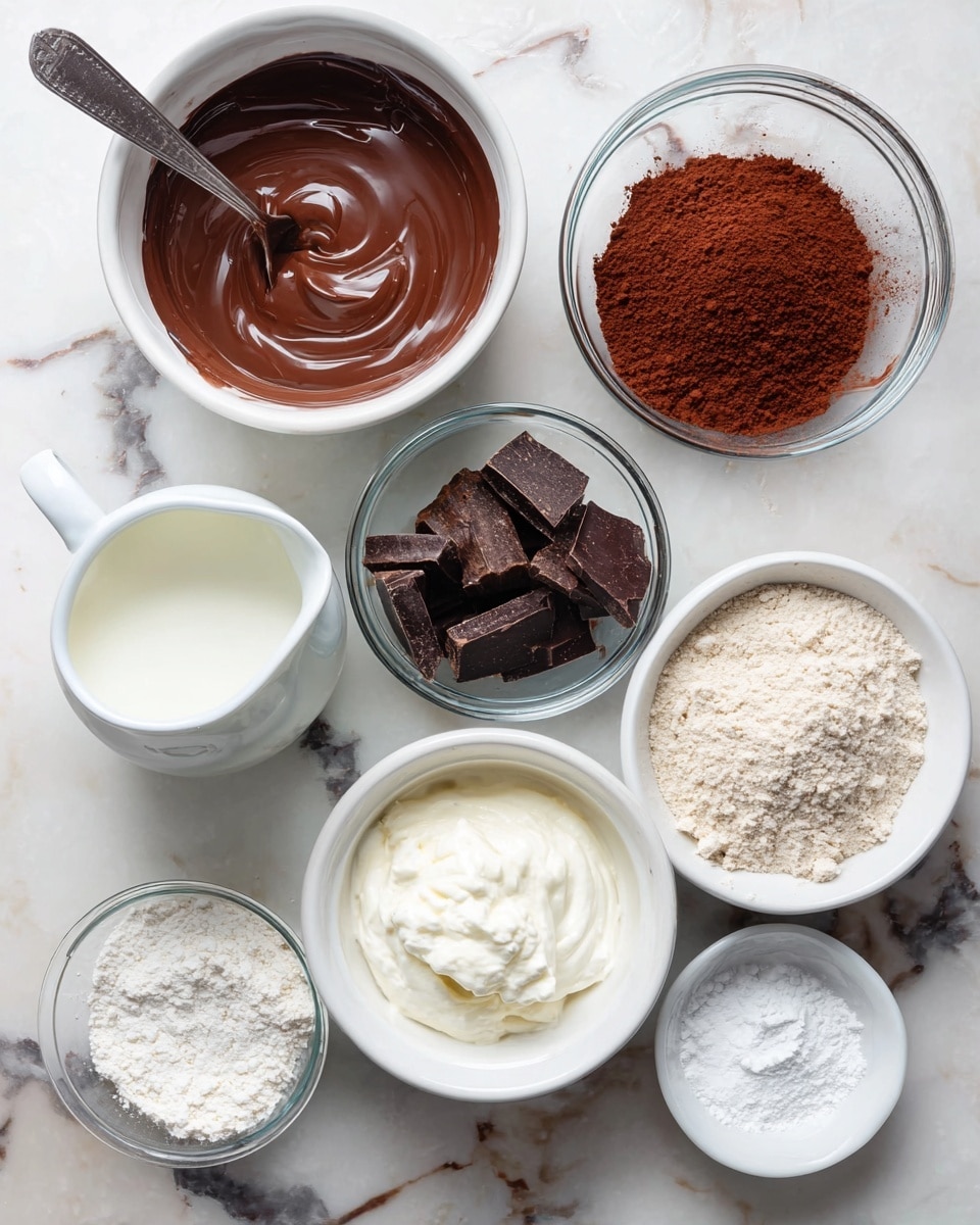 Top view of several white bowls and clear glass bowls arranged on a white marbled surface. The top left bowl contains smooth, melted dark brown chocolate with a spoon resting inside. Next to it, a clear bowl holds a fine heap of deep reddish-brown cocoa powder. Below, a clear bowl is filled with chunks of dark chocolate. To the left, a white measuring cup holds fresh white milk. In the center bottom, a white bowl has thick, creamy white yogurt, and next to it on the right, a white bowl contains light brown sugar. At the bottom left, a clear measuring cup is filled with white flour, and at the bottom right, a small white bowl holds a little bit of white powder, possibly baking powder or baking soda. photo taken with an iphone --ar 4:5 --v 7