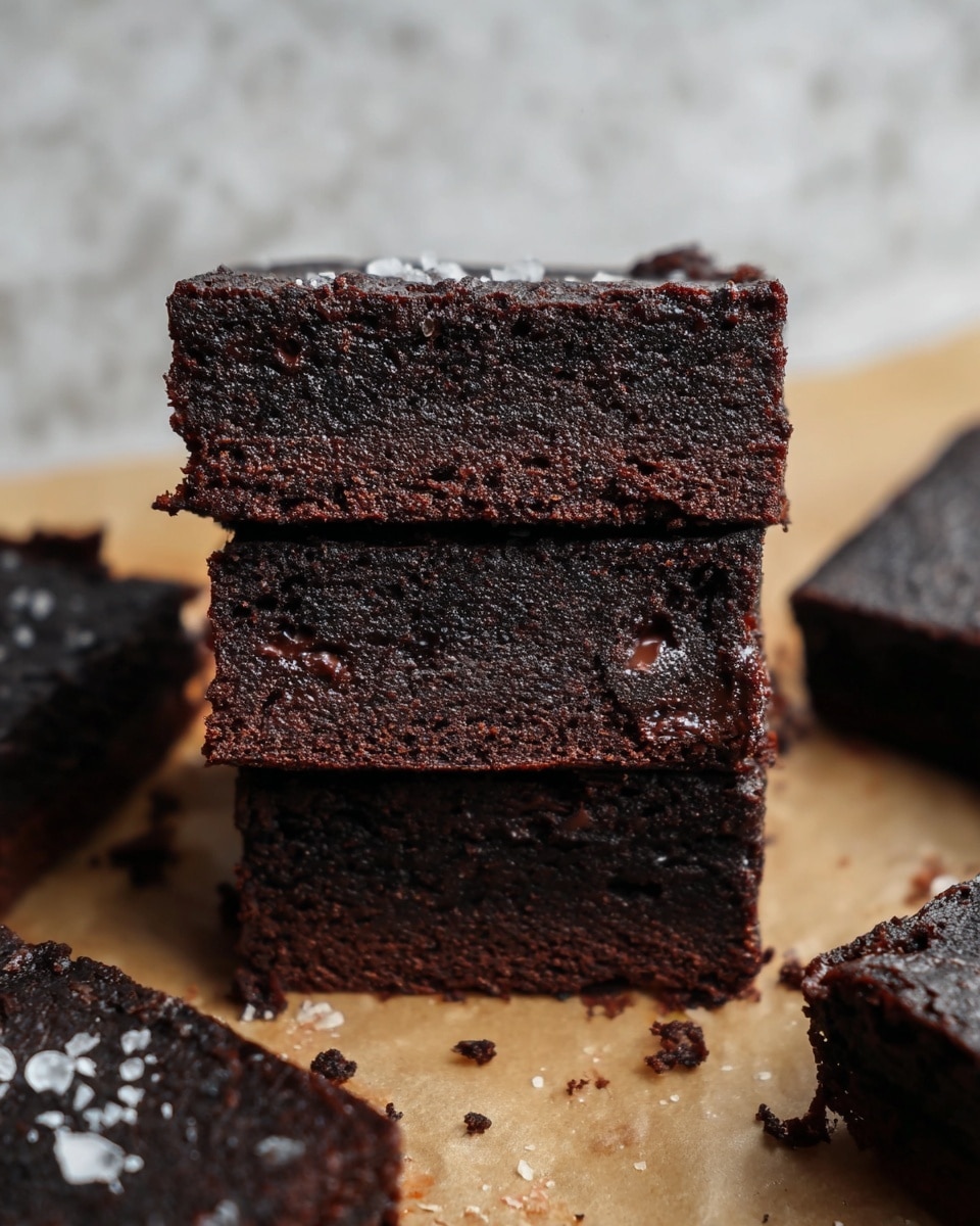 The image shows a stack of three thick, dark brown brownies placed on a light beige baking sheet, with more brownies scattered around it. Each brownie has a dense and slightly crumbly texture with tiny air holes visible. The bottom brownie shows hints of melted chocolate embedded in it, adding a subtle shine. The top surfaces of the brownies look firm but not smooth, with a few grains of sea salt sprinkled on top. The background is a white marbled texture. photo taken with an iphone --ar 4:5 --v 7