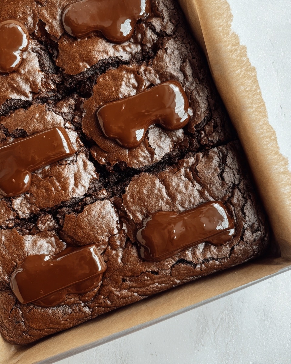 The image shows a close-up of a baked chocolate brownie with a textured, cracked surface in dark brown color. On top of the brownie, there are several rectangles of melted chocolate evenly spaced in two horizontal rows, with the chocolate forming glossy, smooth layers that partly drip onto the brownie. The brownie rests on light beige parchment paper inside a metal baking tray, all placed on a white marbled surface. photo taken with an iphone --ar 4:5 --v 7