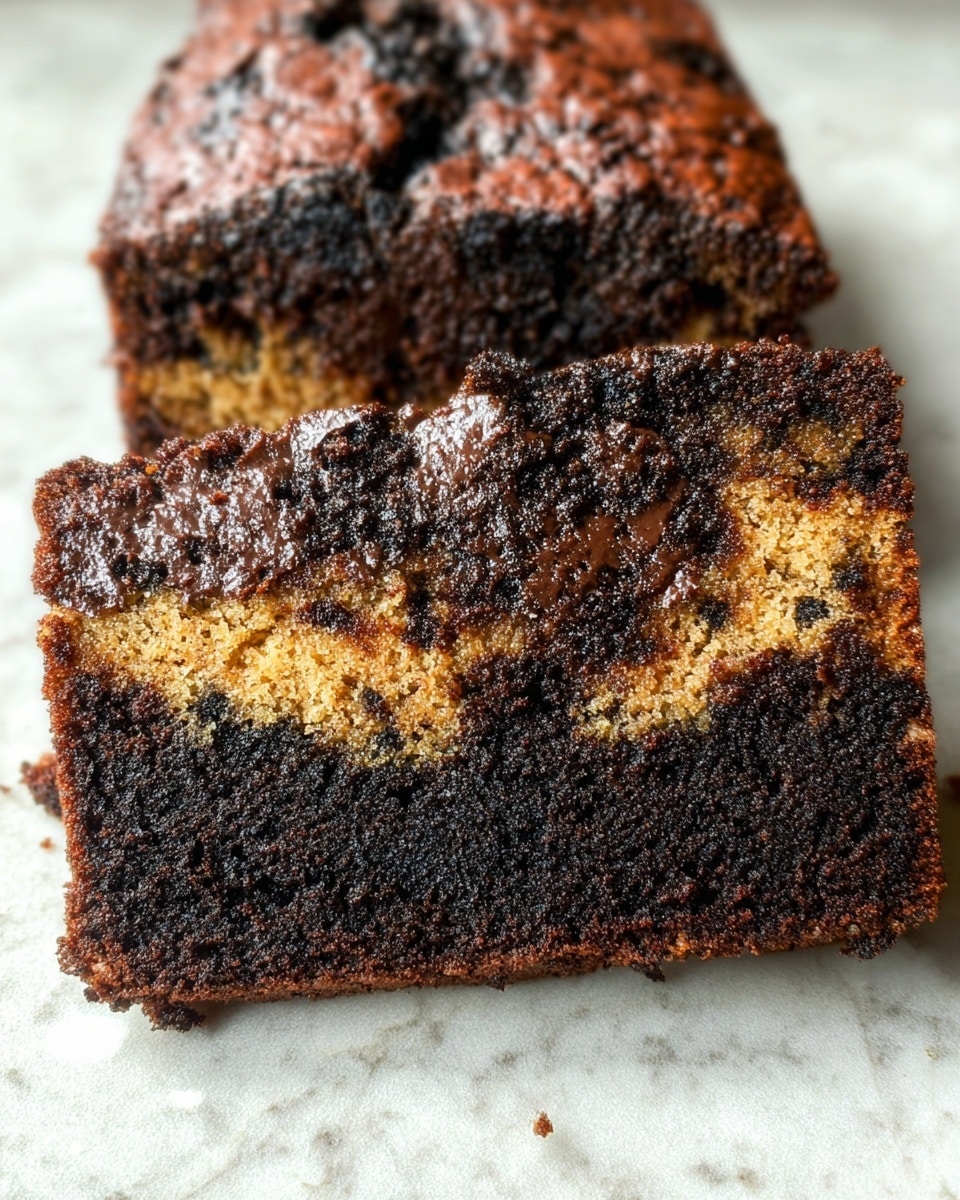 The image shows a close-up of a two-layered chocolate loaf. The bottom layer is dark brown with a rough, slightly crumbly texture. The middle layer is lighter golden brown with visible specks, embedded inside the top dark layer. The top layer is dark brown, dense, and cracked on the surface, showing a moist texture beneath. The loaf is placed on a white marbled textured surface. Photo taken with an iphone --ar 4:5 --v 7