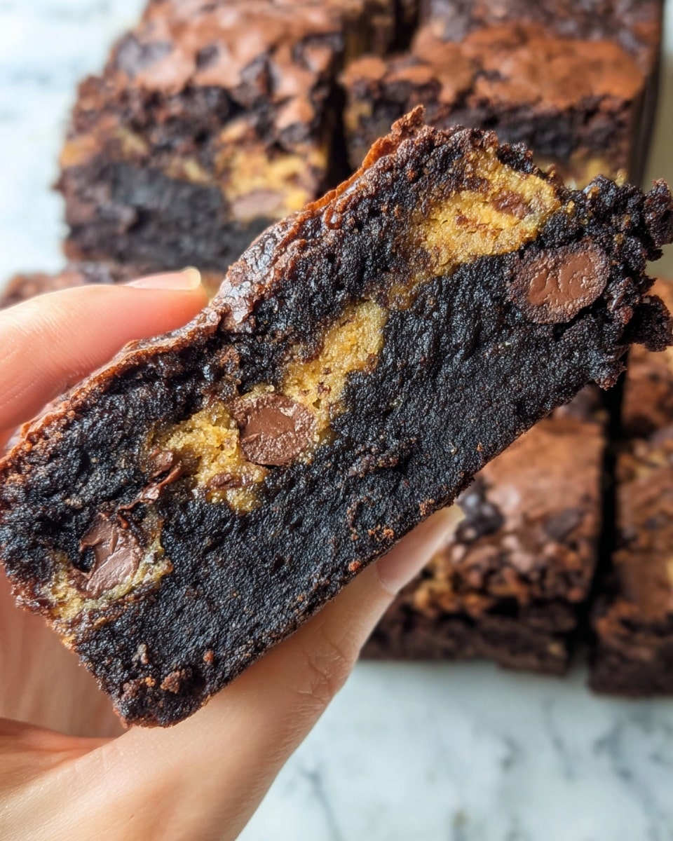 A close-up image shows a hand holding a thick slice of dark chocolate brownie with a rough, crumbly texture. The slice has three visible layers: the top and bottom layers are deep dark brown, rich and dense, with a slightly cracked surface, while the middle layer is lighter golden brown with a moist, soft texture. Scattered through the darker layers are small chunks of melted chocolate of varying shades of brown. The background features more slices of the same brownie on a white marbled surface. Photo taken with an iphone --ar 4:5 --v 7