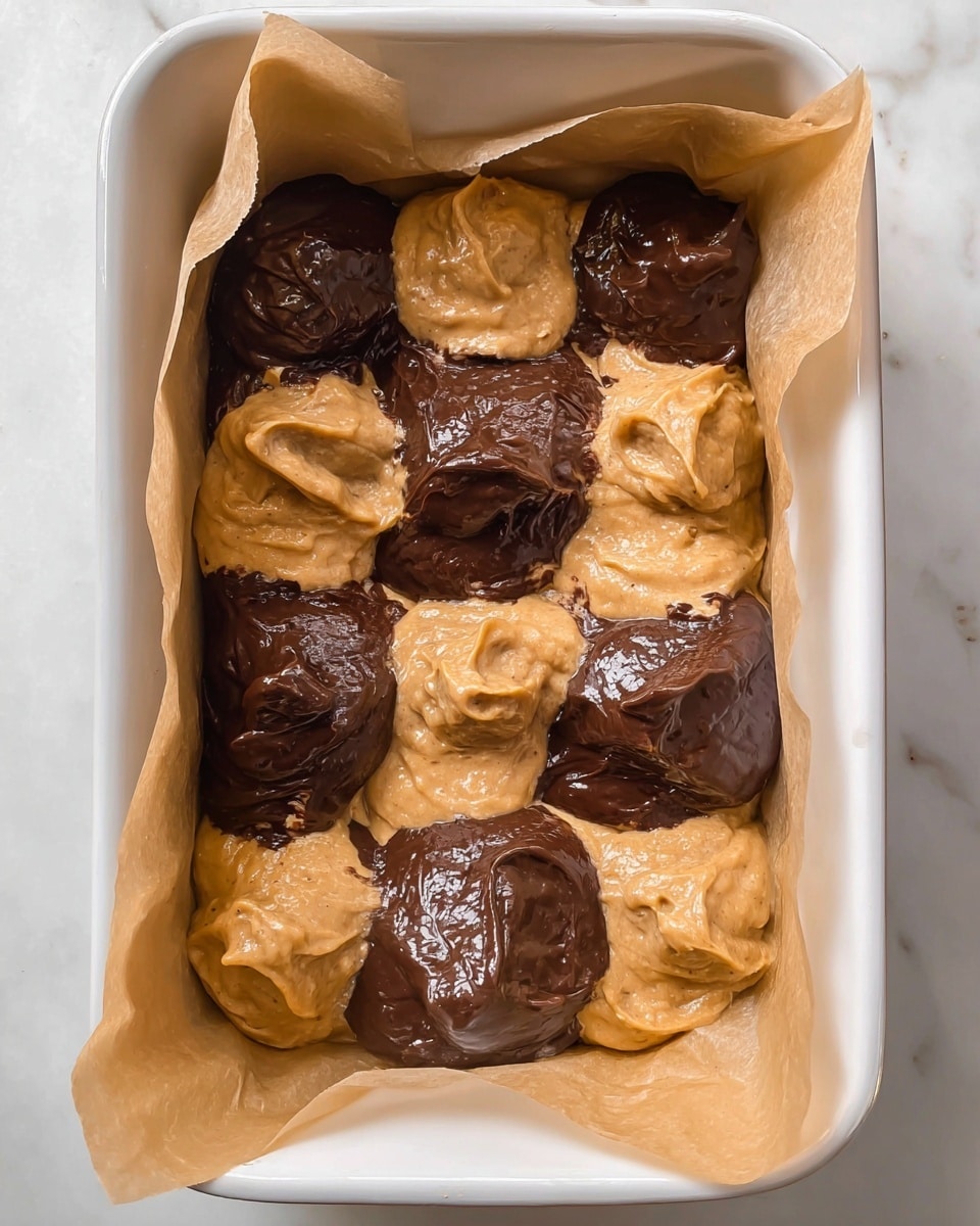 The image shows a white rectangular baking dish lined with light brown parchment paper holding a layered batter mixture. The batter has two layers: one is light tan with a smooth and slightly glossy texture, while the other is dark brown, almost black, with a thicker, glossy, and slightly uneven texture. These layers are dolloped alternatively across the dish, forming a scattered checkerboard pattern. The dish sits on a white marbled surface. photo taken with an iphone --ar 4:5 --v 7