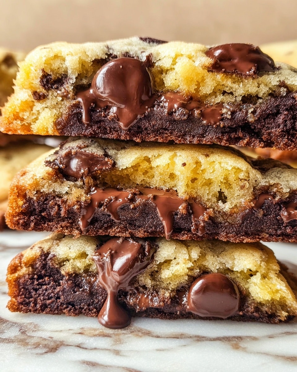 The image shows a close-up of three stacked chocolate chip cookie halves on a white marbled surface. Each cookie has two layers: a mostly yellow soft dough with small dark chocolate chips inside, and a darker brown, chocolatey baked edge. The top cookie half has large, glossy dark chocolate drops melting slightly on the surface. The middle and bottom together show a rich chocolate layer between the soft dough layers, with visible melted chocolate trickling down. The texture of the cookies looks soft and crumbly with shiny, smooth chocolate accents. Photo taken with an iphone --ar 4:5 --v 7