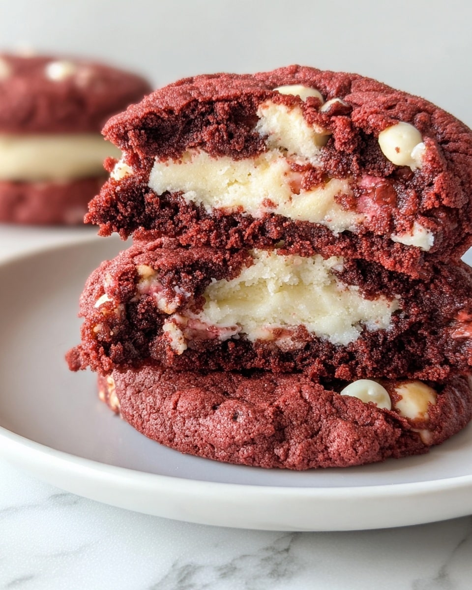 The image shows a close-up of a thick cookie with three main layers. The outer layer is rough and crumbly with a dark red-brown color and small white chips mixed in. The middle layer is creamy white and smooth, contrasting with the rough cookie outside. The inner layer is again the dark red-brown cookie dough, with more white chips visible, giving a marbled look. The cookie is placed on a simple white plate that highlights the colors and textures of the cookie. The background has a soft, out-of-focus white marbled texture. Photo taken with an iphone --ar 4:5 --v 7